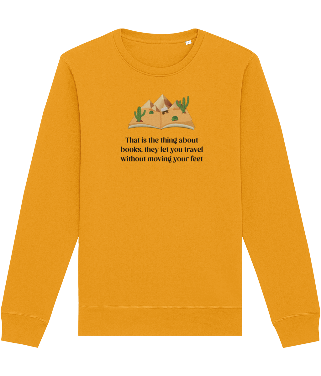 Best sweatshirts: 'The Book Traveller' book graphic.