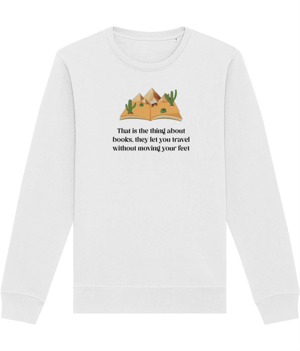 Best sweatshirts for guys: 'The Book Traveller' book design.