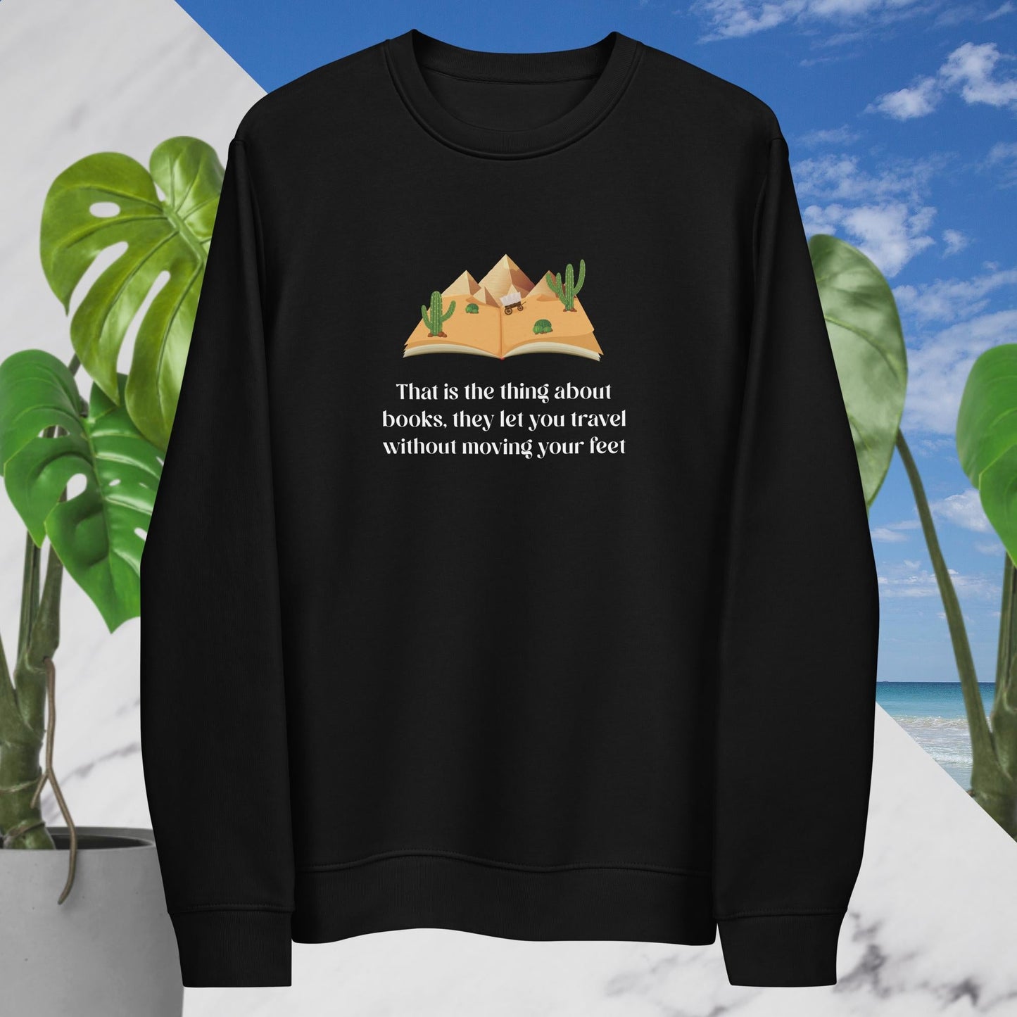 Quality best sweatshirt: 'The Book Traveller' cotton fabric for book lovers.