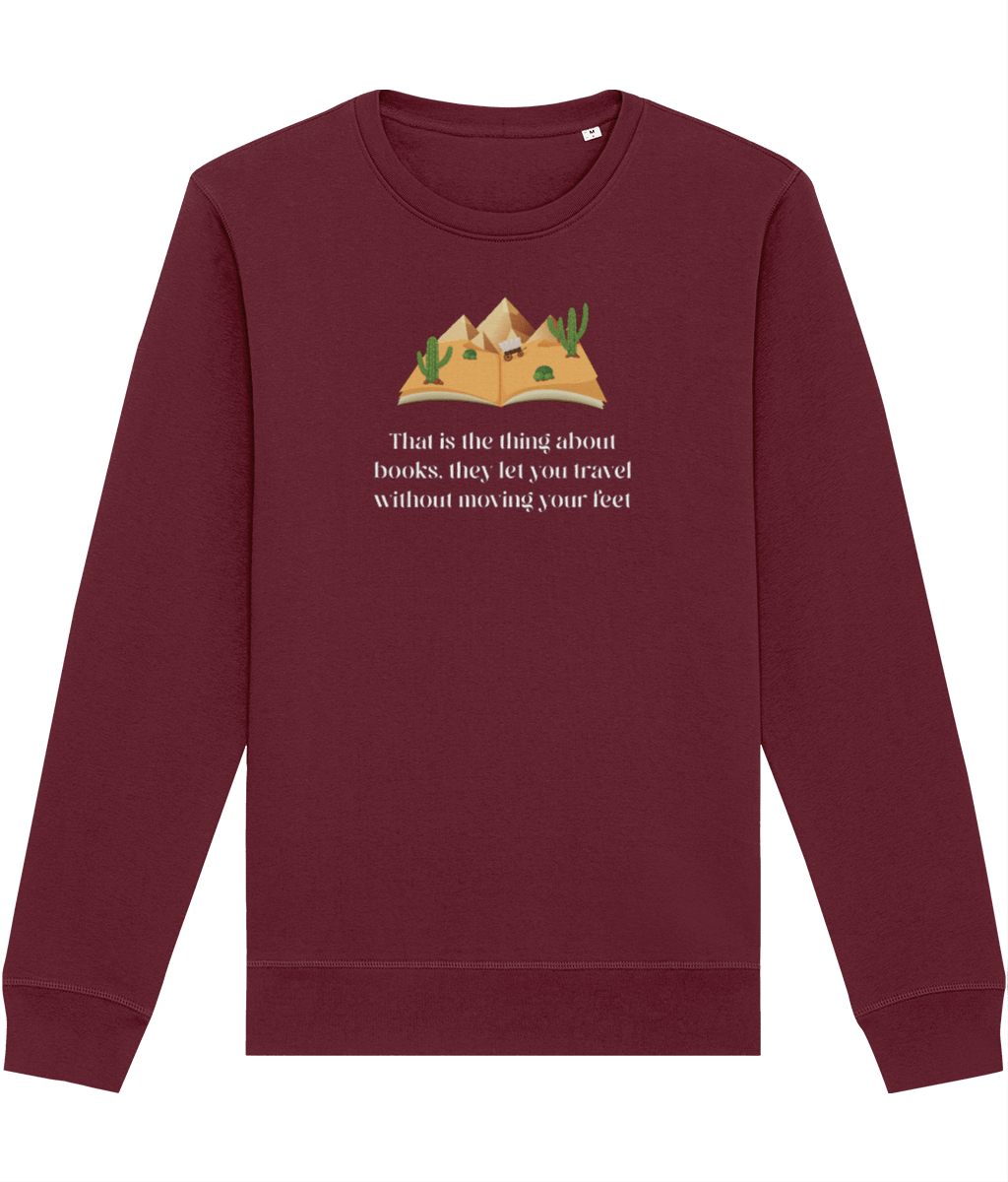 Meaningful sweatshirt: 'The Book Traveller' for readers.