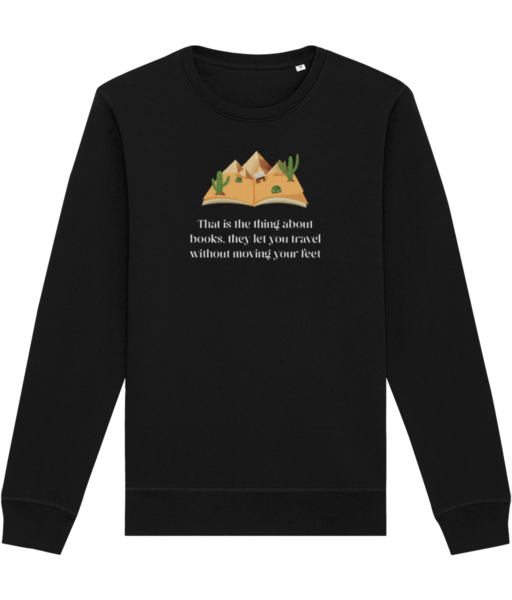 Sustainable best sweatshirt: 'The Book Traveller' organic cotton.