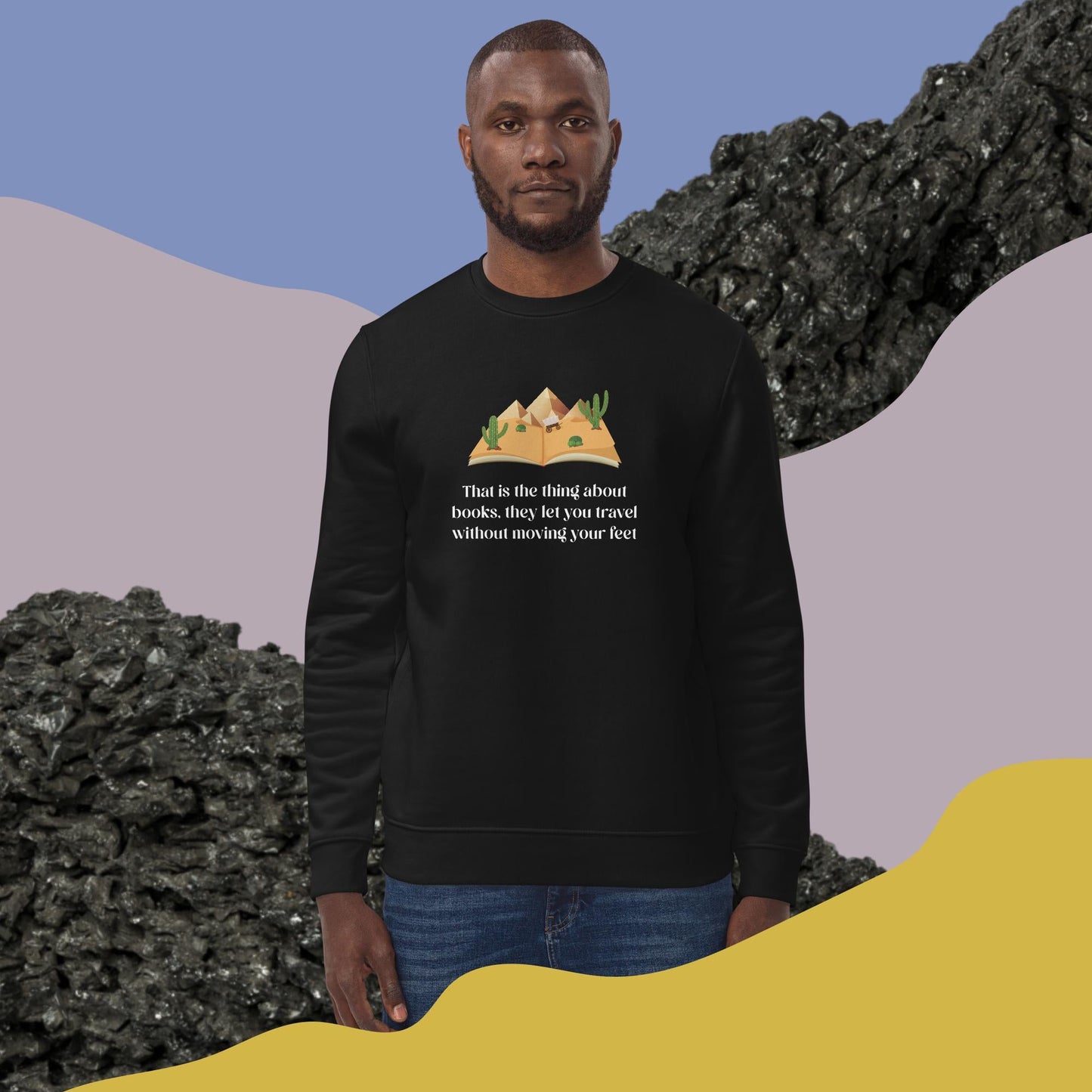 Top mens sweatshirt: 'The Book Traveller' organic cotton.