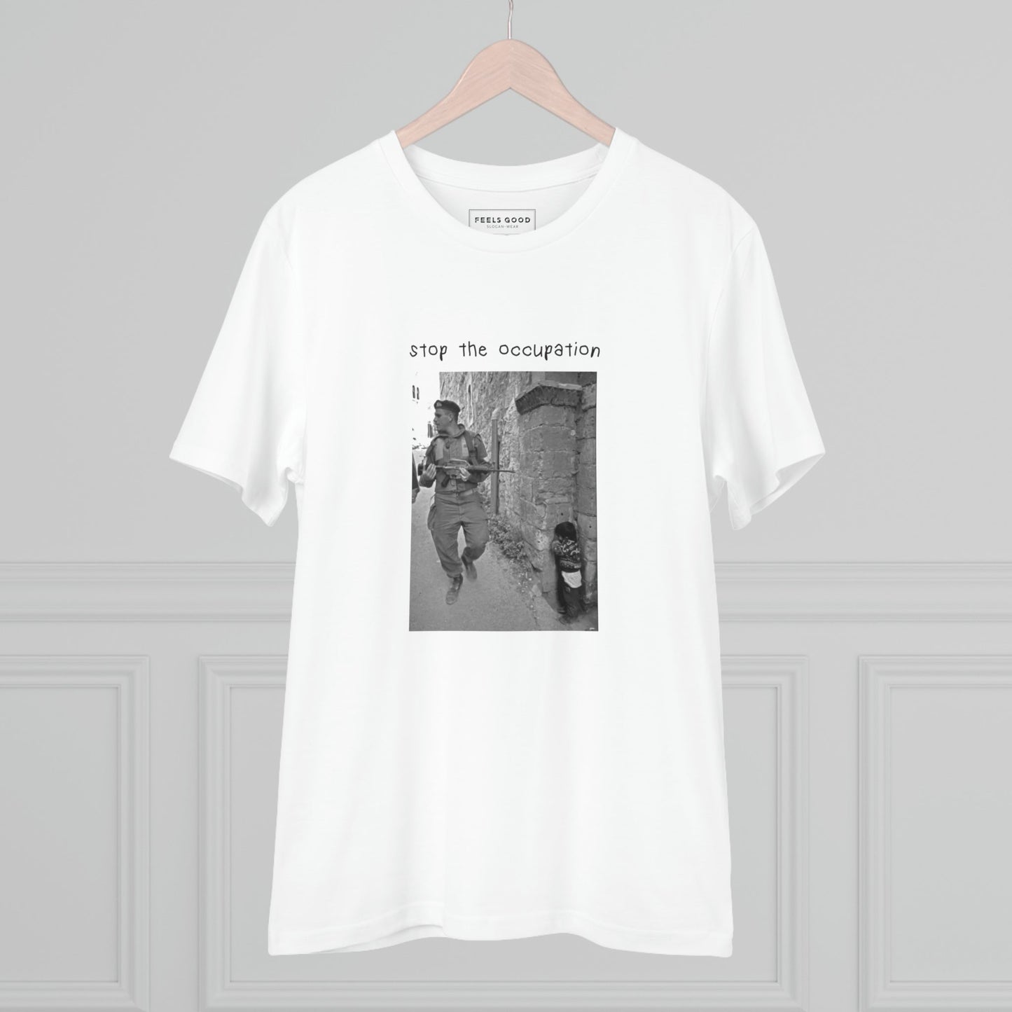 Palestine clothes UK pick: alquds organic 'Stop Occupation' tee in strong statement print