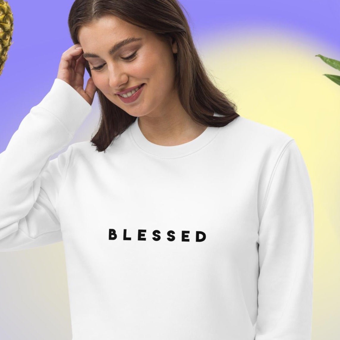Best selling positive sweatshirt: 'Blessed' organic cotton comfort.