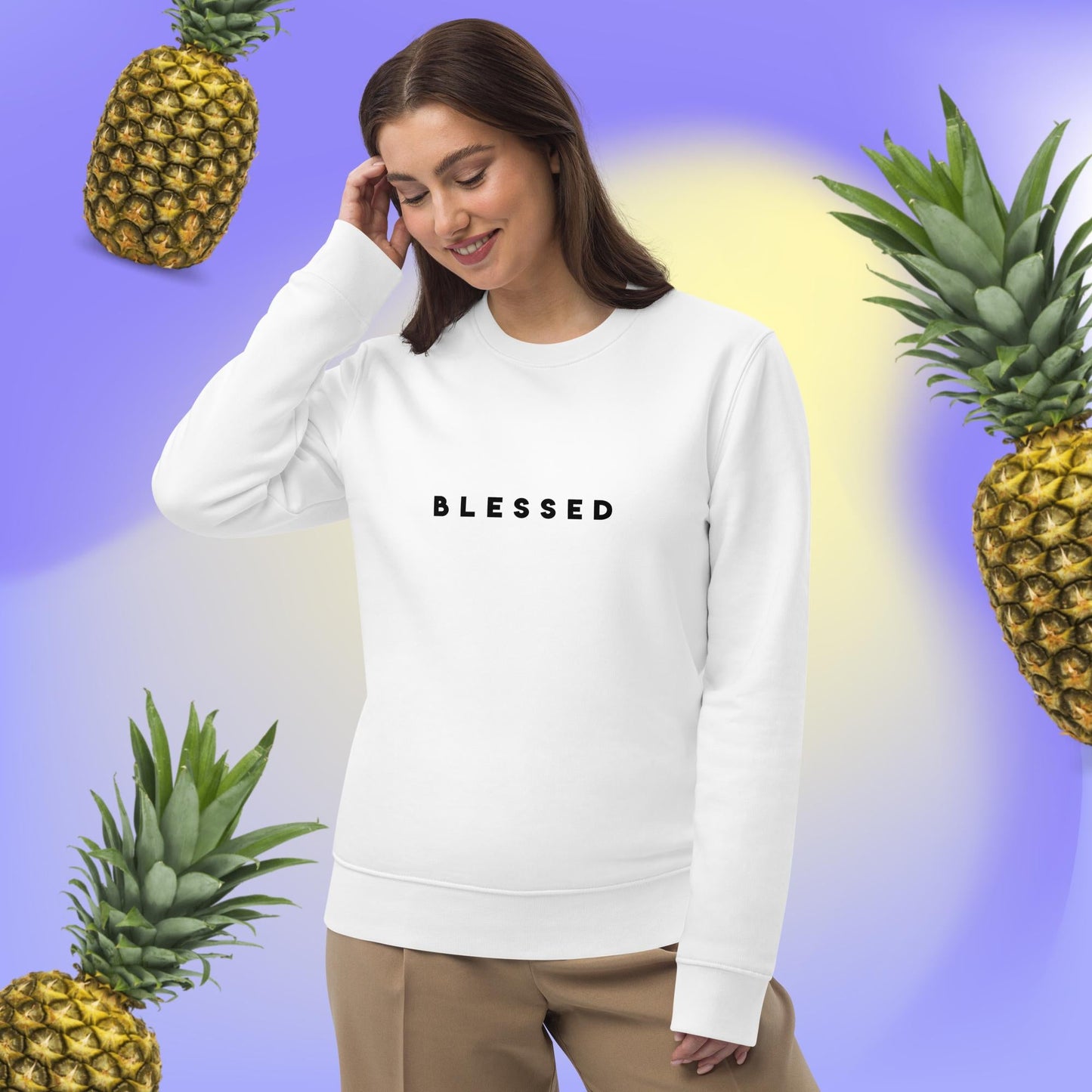 Good vibe sweatshirt: 'Blessed' positive thinking cozy wear.