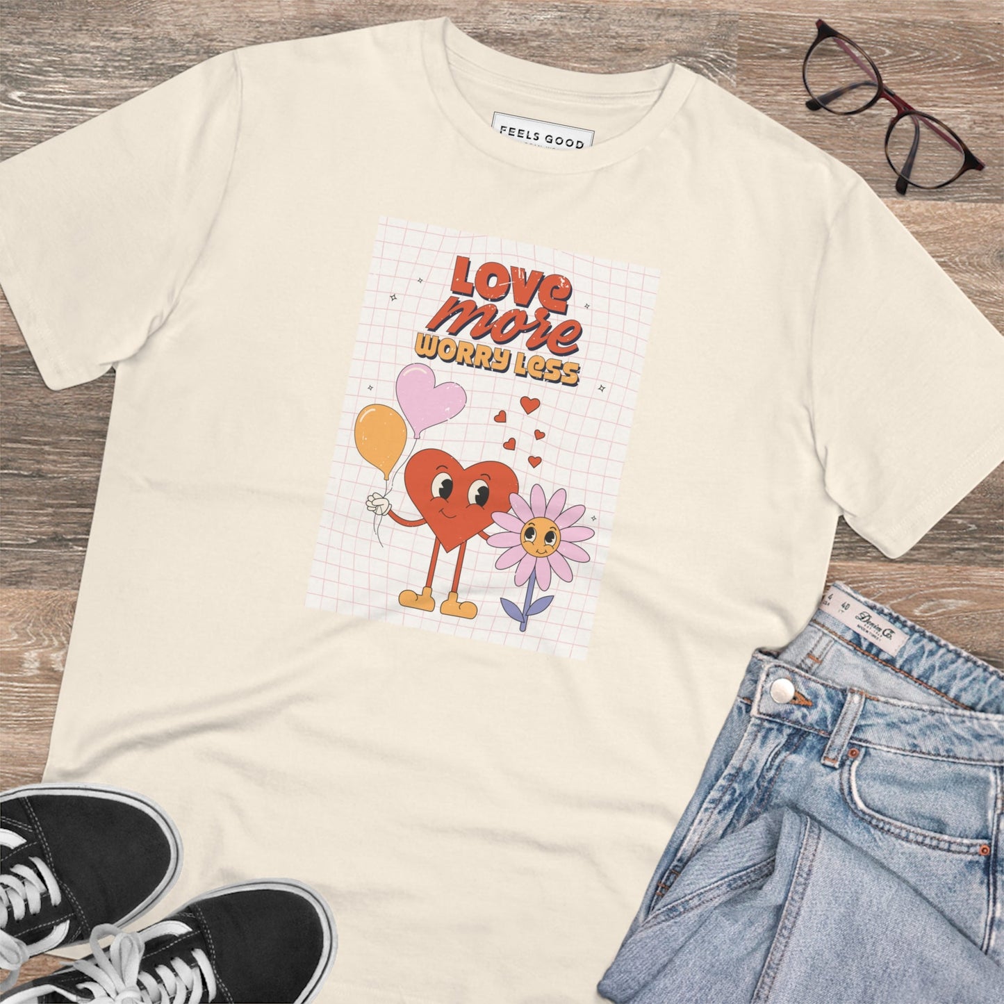 Make a statement with the Positive 'Love More, Worry Less' retro organic cotton t-shirt. Shop today!