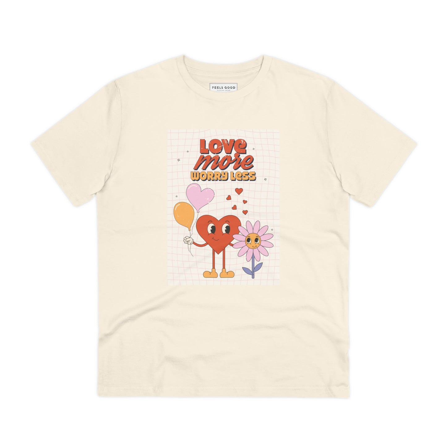Enjoy effortless style with the Positive 'Love More, Worry Less' retro organic cotton t-shirt today!