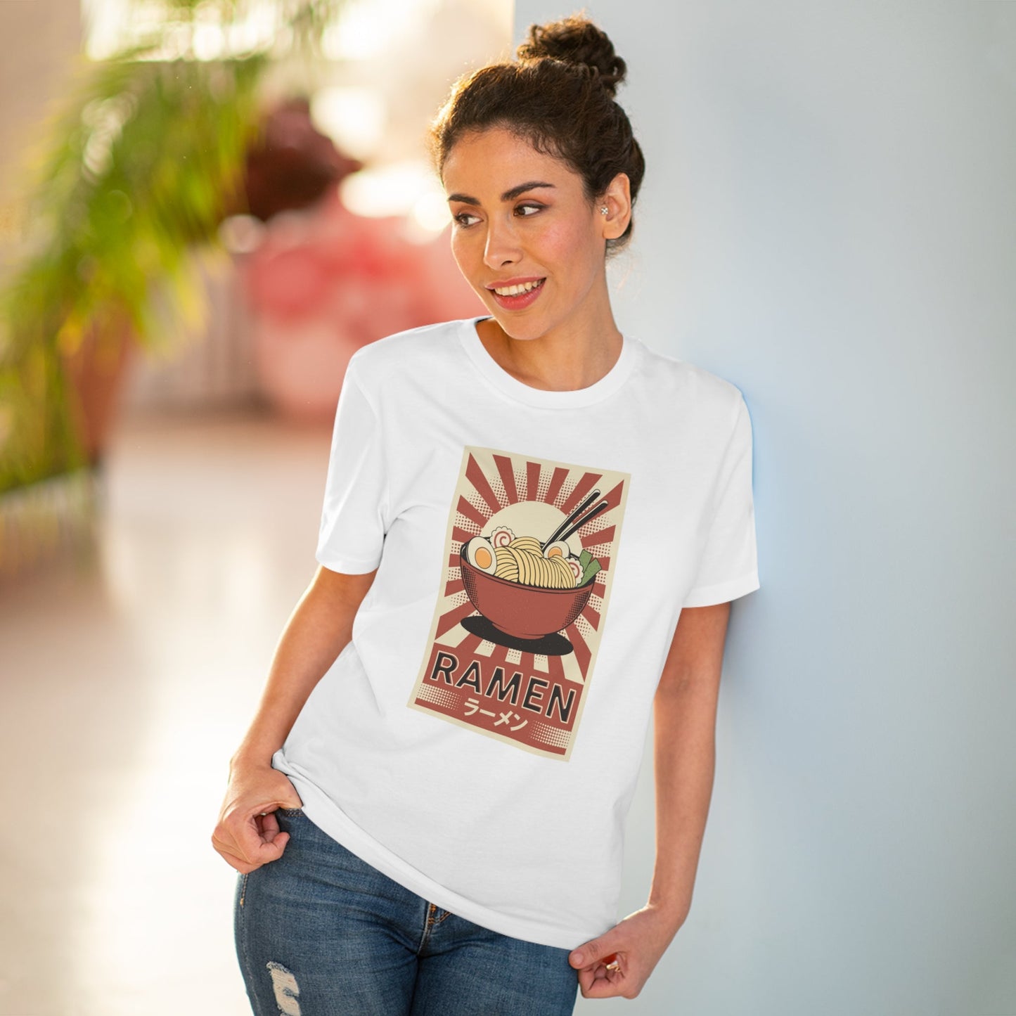 Add vintage vibes to your look with the Positive 'Ramen' Retro Organic Cotton T-Shirt. Retro style!