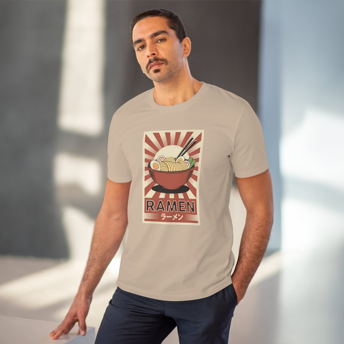 Express yourself with the Positive 'Ramen' Retro Organic Cotton T-Shirt, a cool retro t-shirt for men.