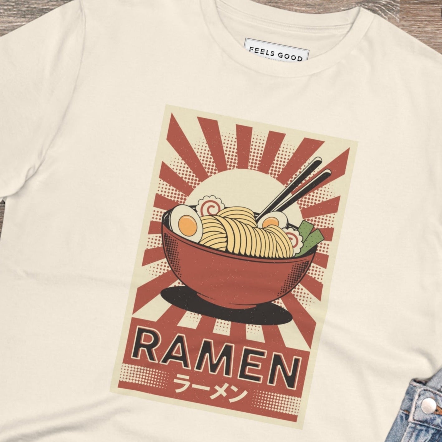 Stay stylish with the Positive 'Ramen' Retro Organic Cotton T-Shirt—a must-have retro slogan tee.