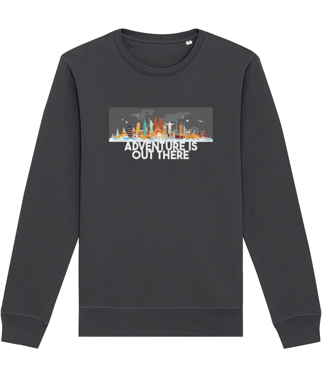 Cozy up with this eco-friendly Travel 'Adventure Is Out There' organic cotton sweatshirt today!