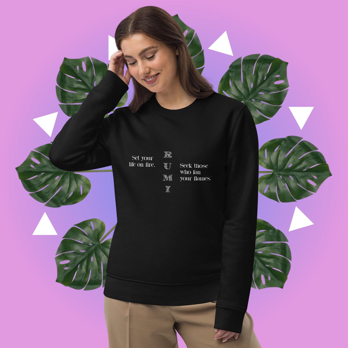 Famous Quotes 'On Fire' Rumi Organic Cotton Sweatshirt, perfect for casual wear.