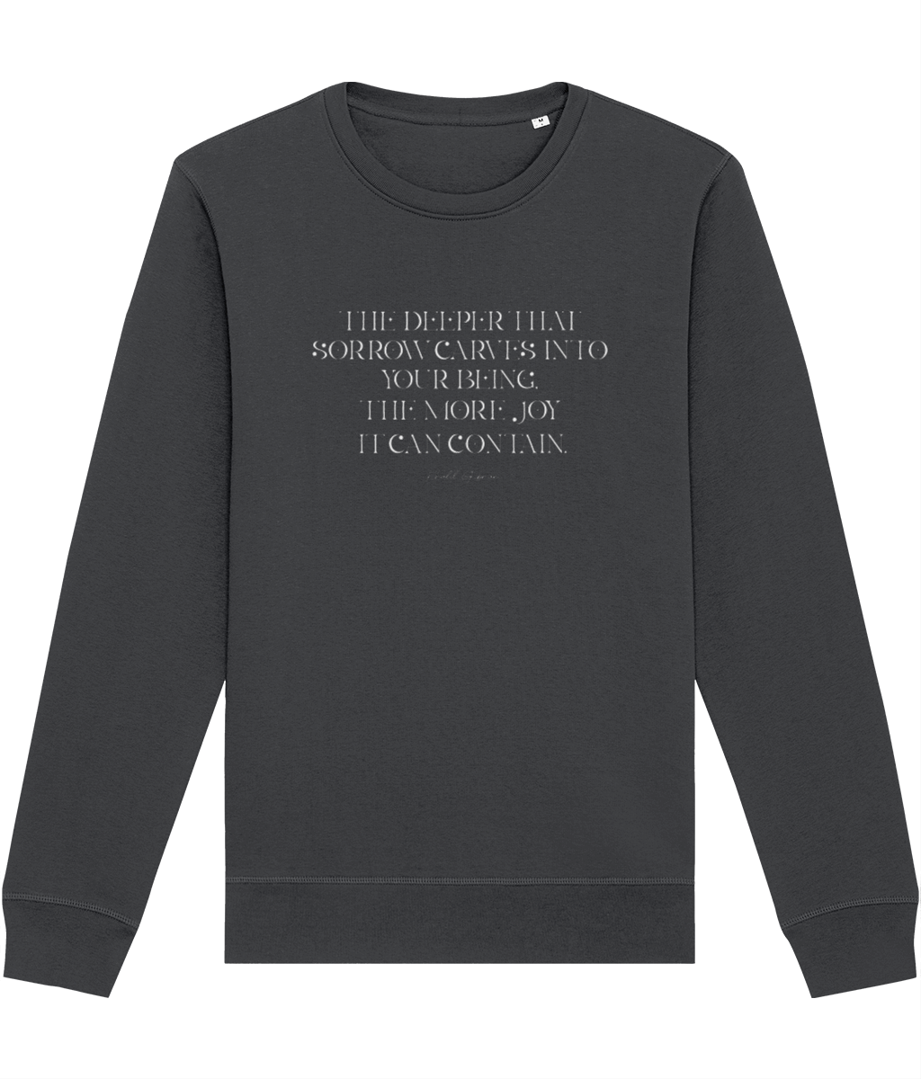 The "Famous Quotes 'Joy & Pain' Khalil Organic Cotton Sweatshirt" adds graphic flair to any outfit.