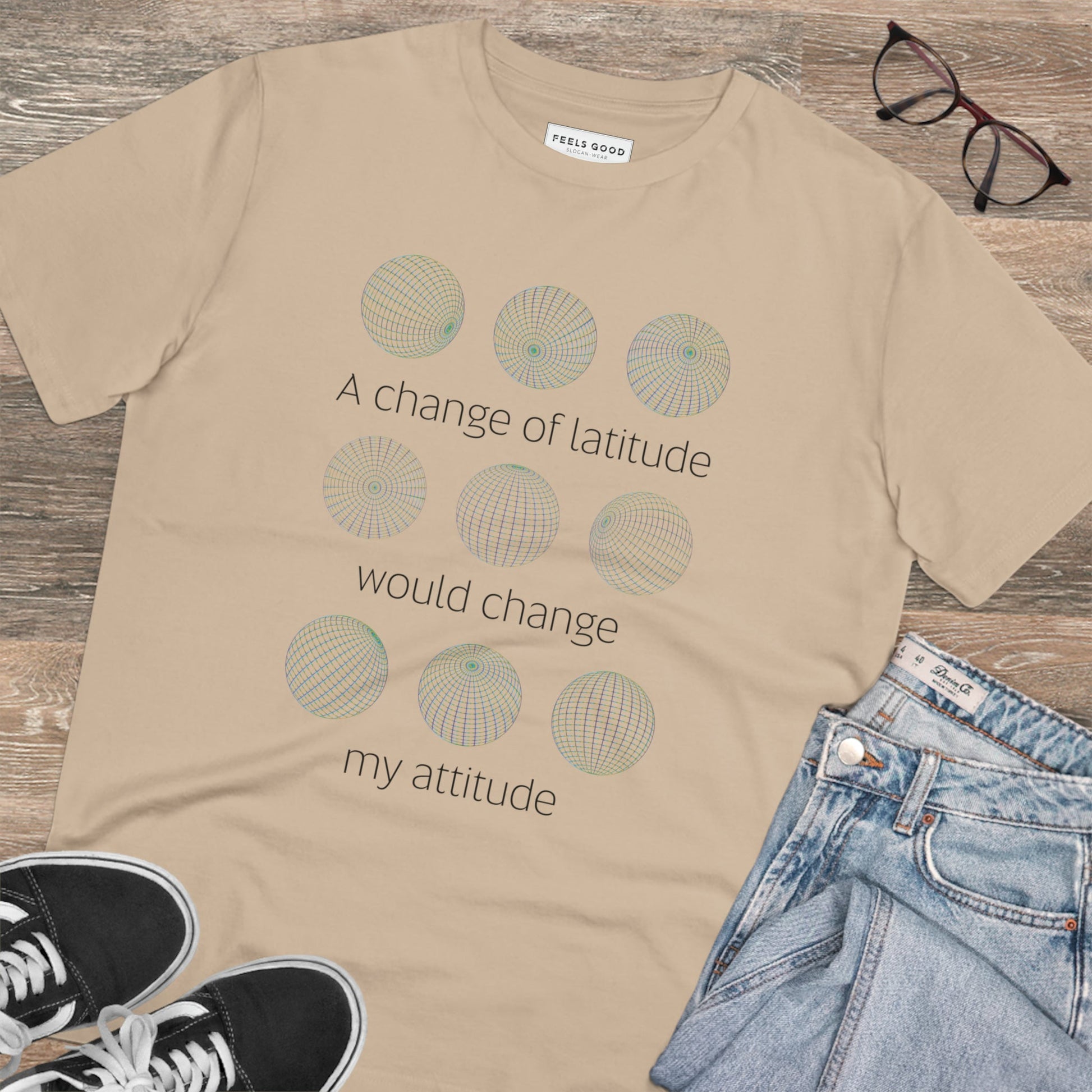 Enjoy nature with the adventure 'Change Of Latitude' organic cotton t-shirt—great for outdoor lovers.