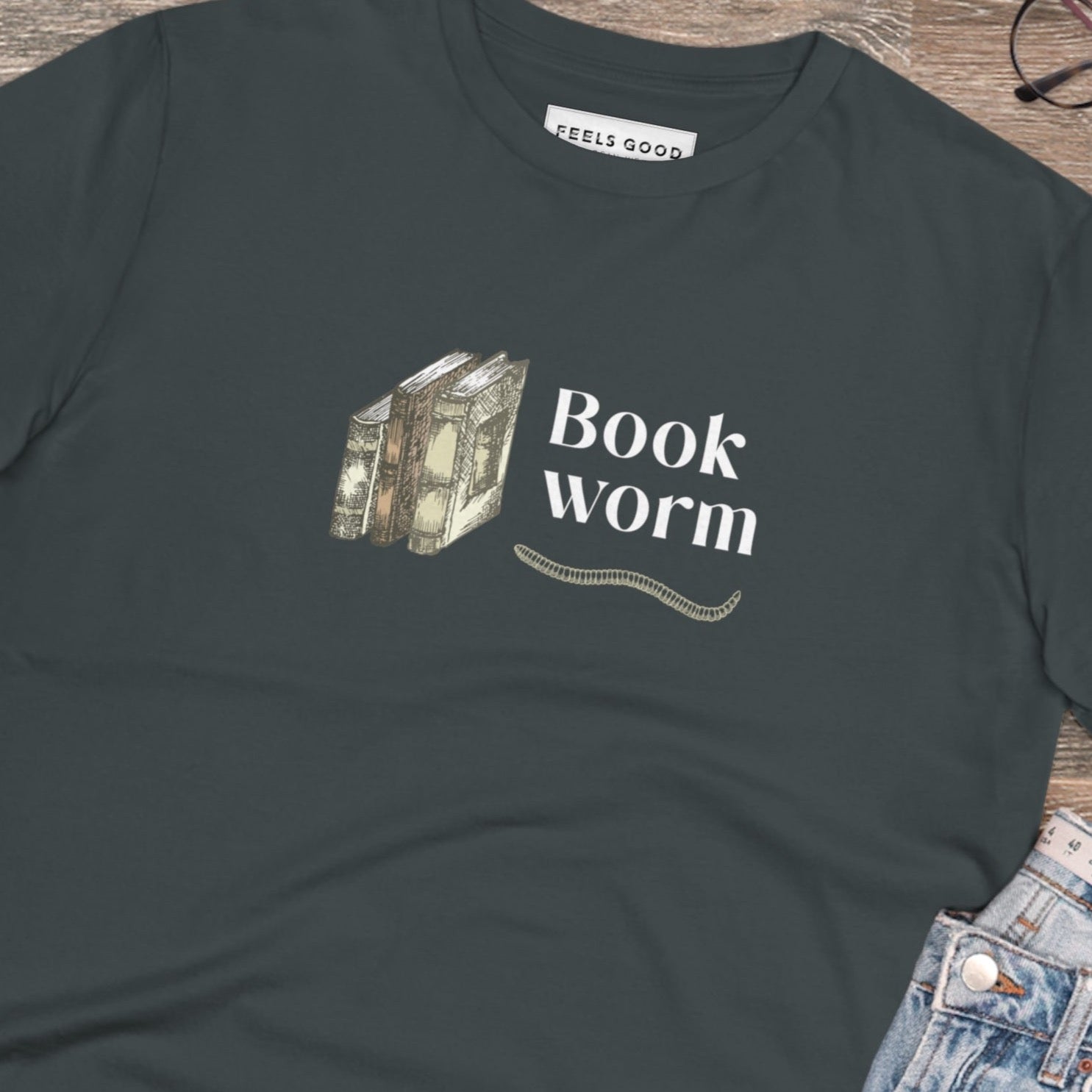 Best selling book t-shirt: 'Bookworm' organic cotton for good vibes.
