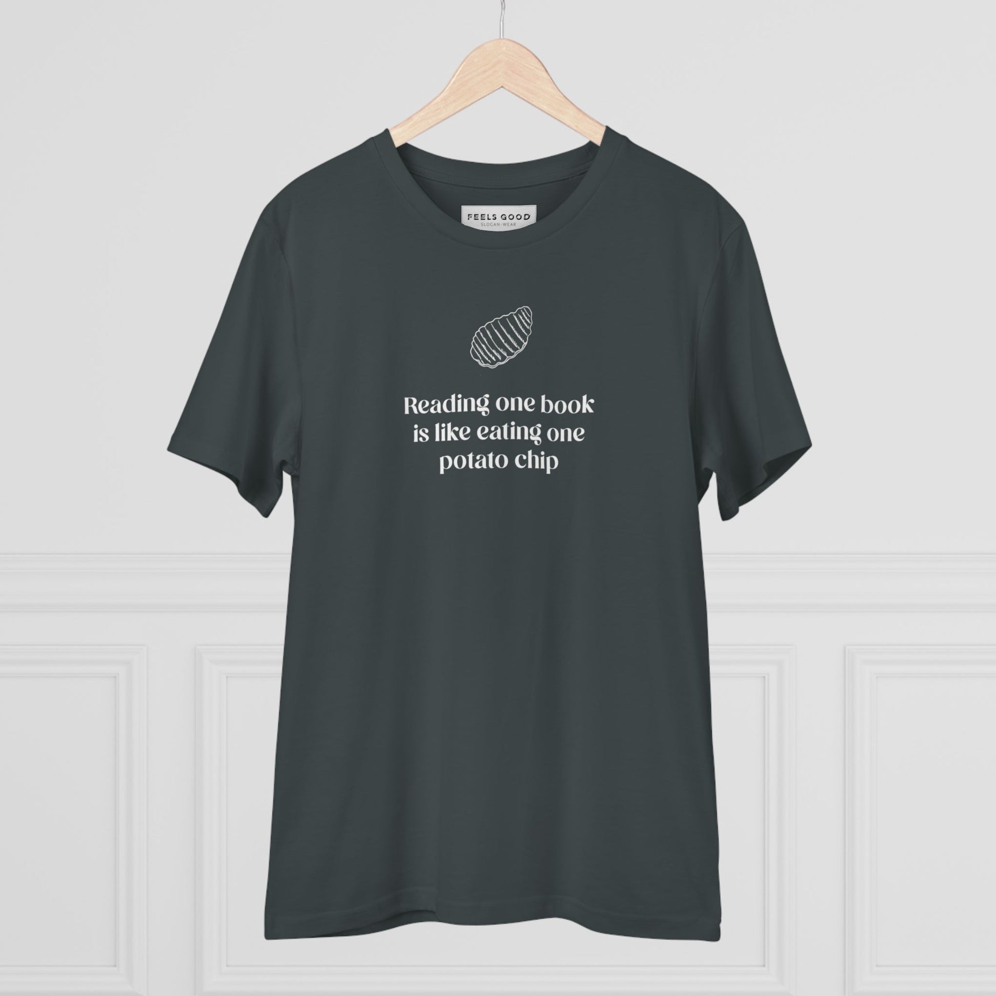 Good vibe t-shirt: Books 'Can I Have More' organic cotton design.
