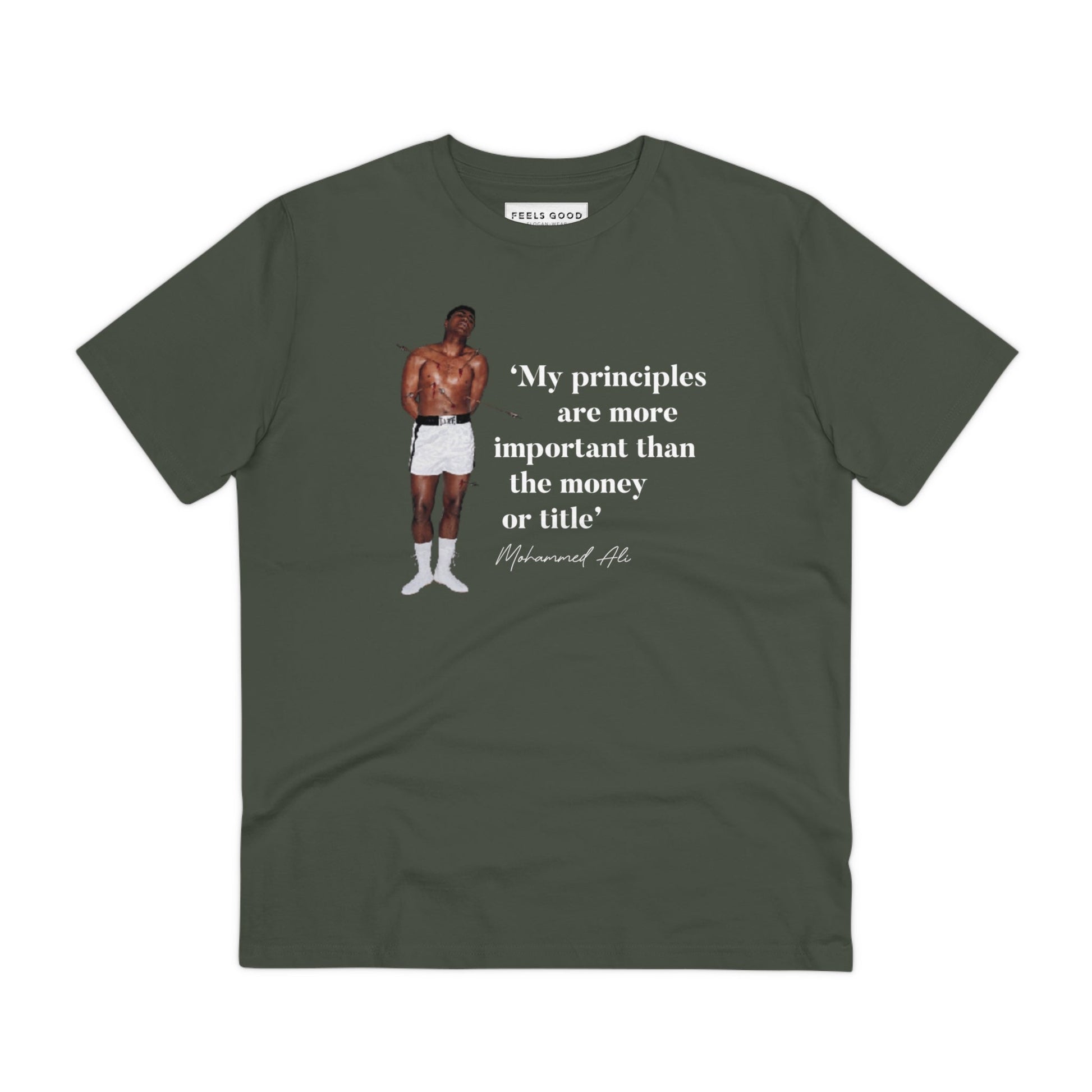 Streetwear T-shirts meet legend—Boxing 'Rising Above' Ali Organic Cotton T-shirt.
