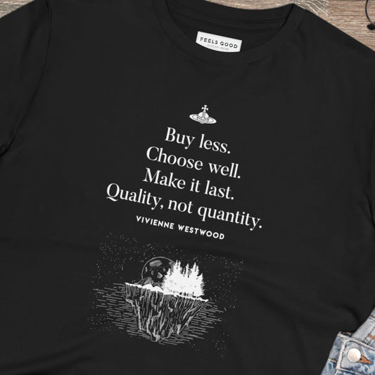 Say it with style! climate change 'Buy Less' vivienne organic cotton T-shirt.