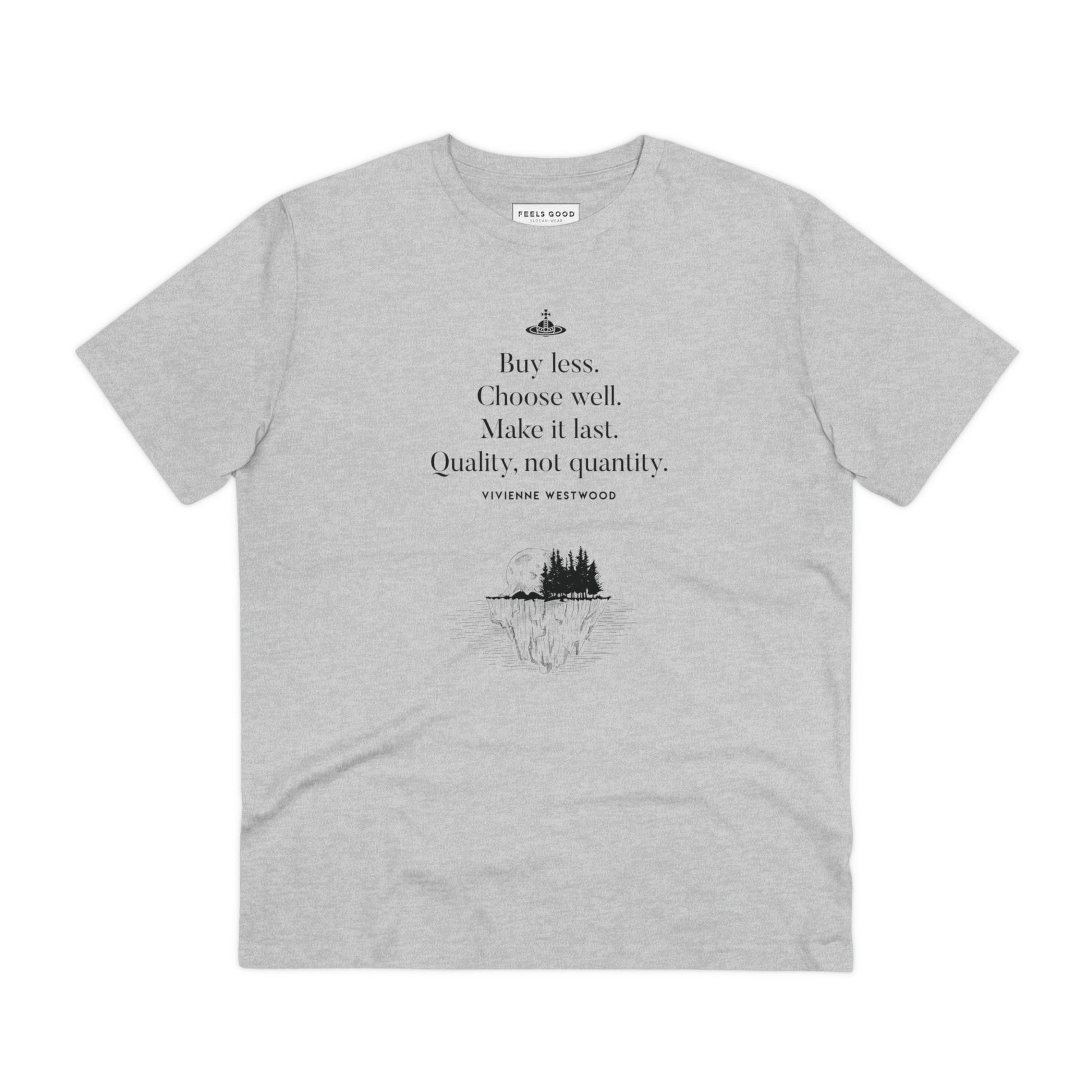 Thought-provoking style! climate change 'Buy Less' vivienne organic cotton T-shirt.
