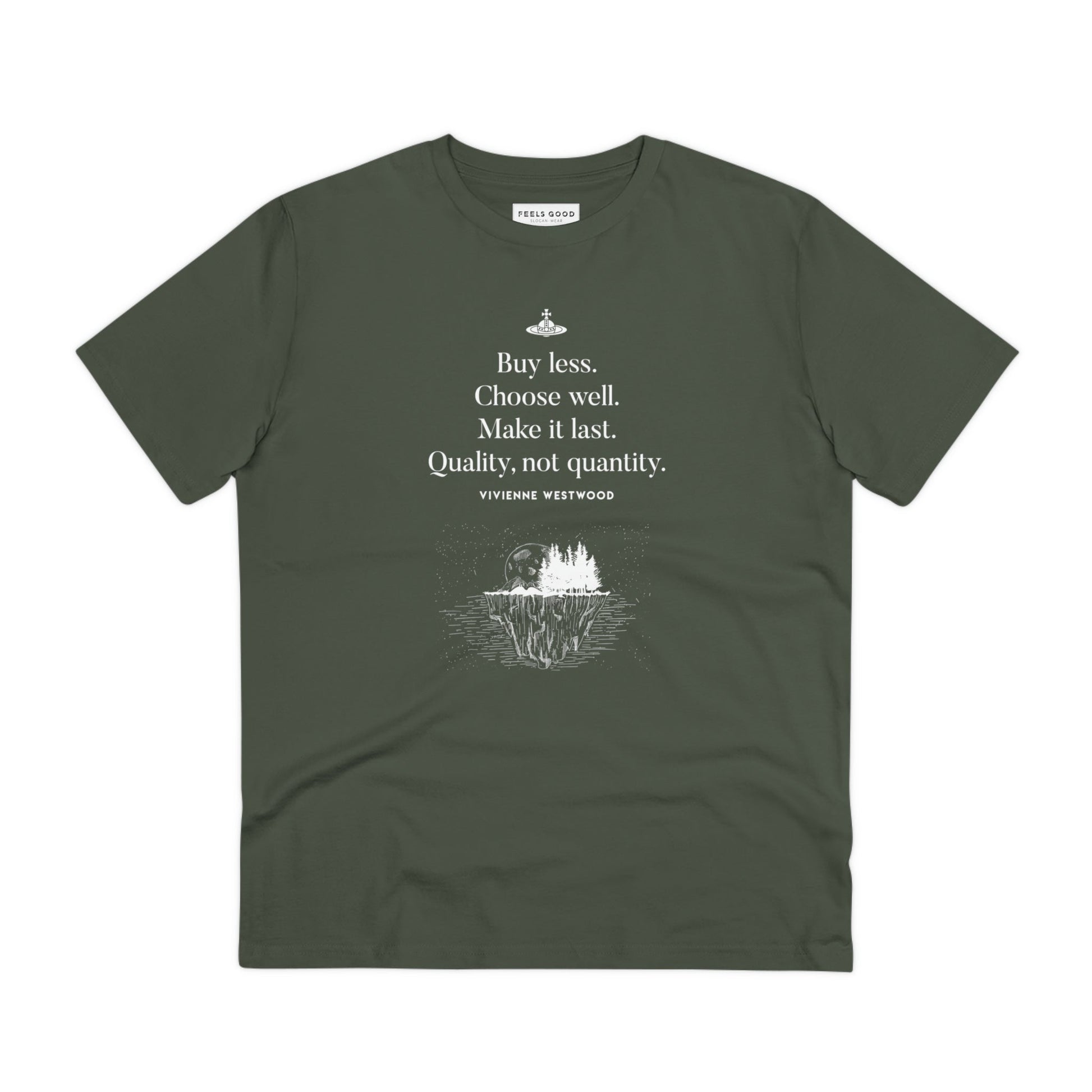 Thoughtful style! climate change 'Buy Less' vivienne organic cotton T-shirt.
