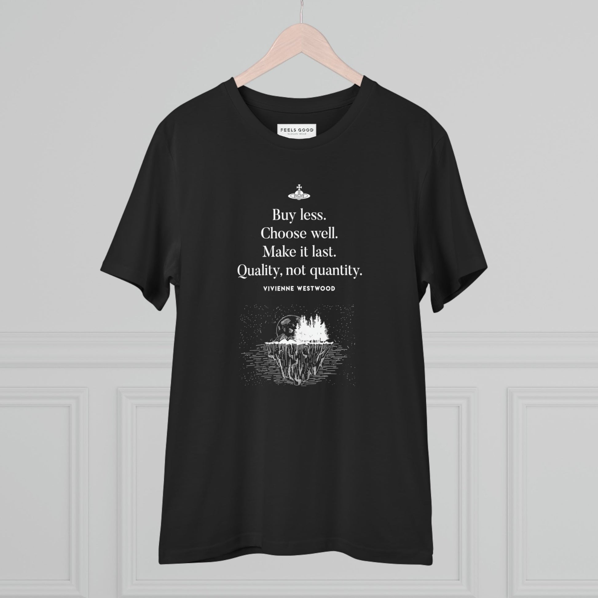 Make a statement with a climate change 'Buy Less' Vivienne organic cotton T-shirt—shop now!