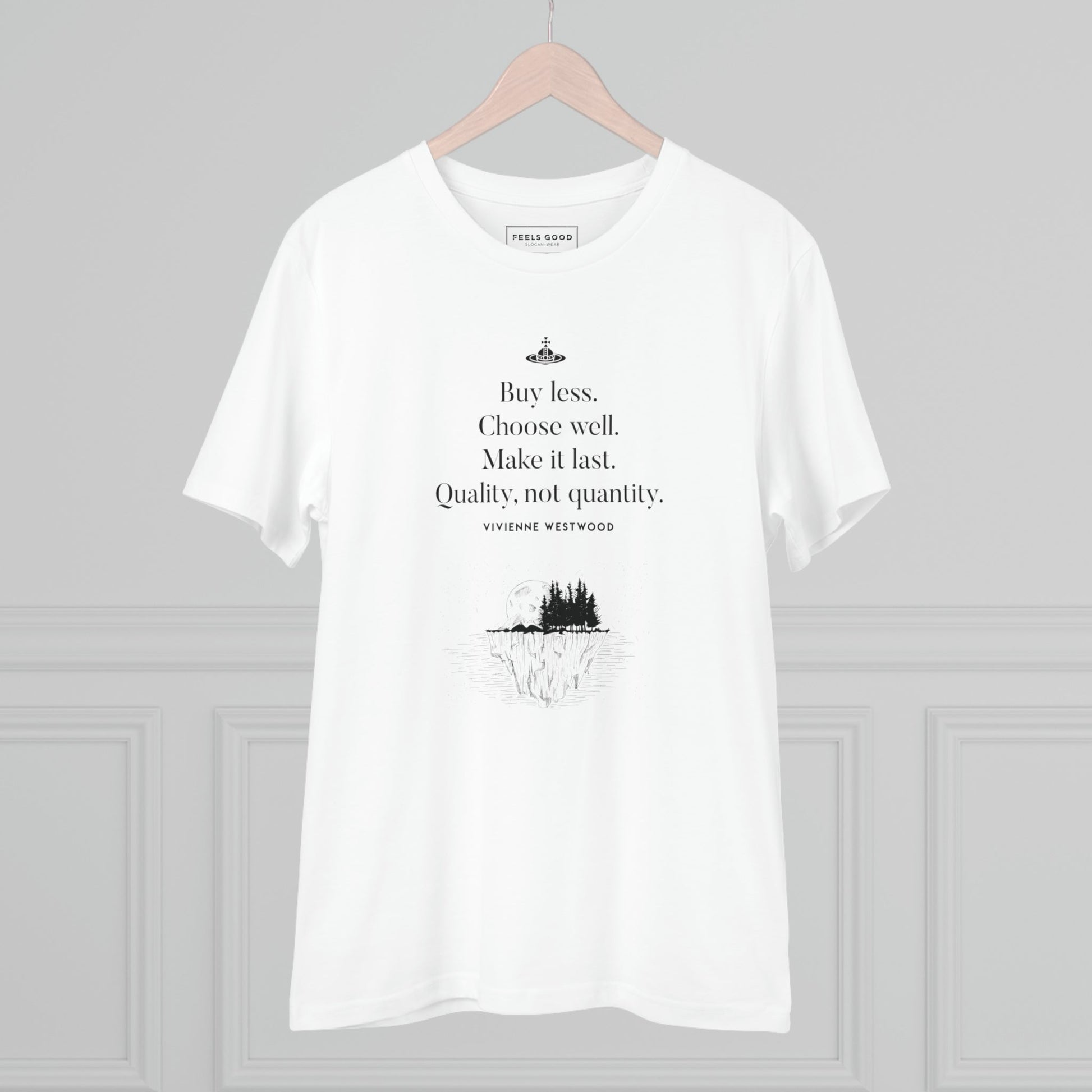 A bold message on style! climate change 'Buy Less' vivienne organic cotton T-shirt 