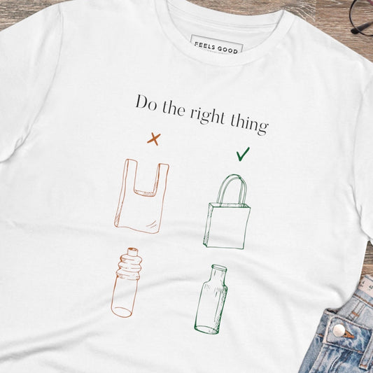 Best selling Climate Change tee: 'No Plastic' organic cotton.
