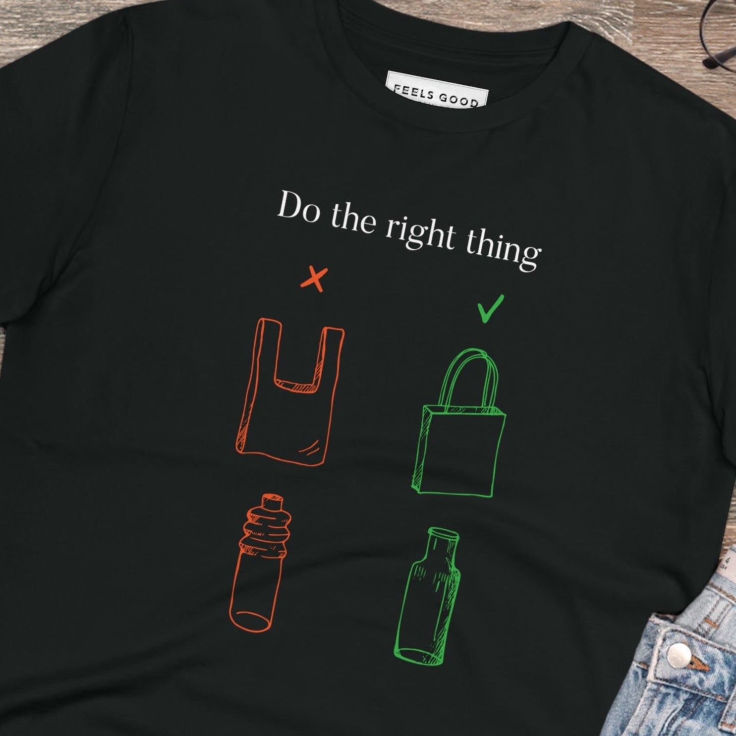 Top brand t-shirt: Climate Change 'No Plastic' organic cotton.
