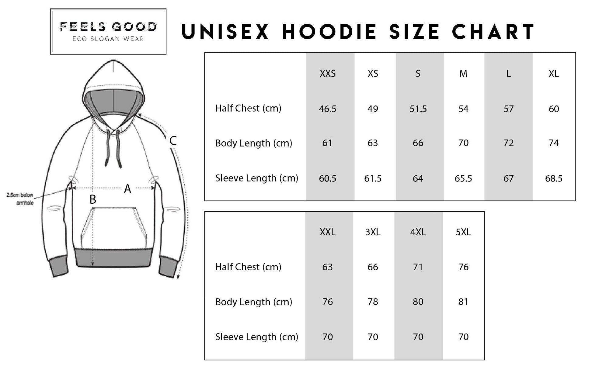 Trendy unisex hoodie with writing on the front – ‘Being Alright’ - Size chart