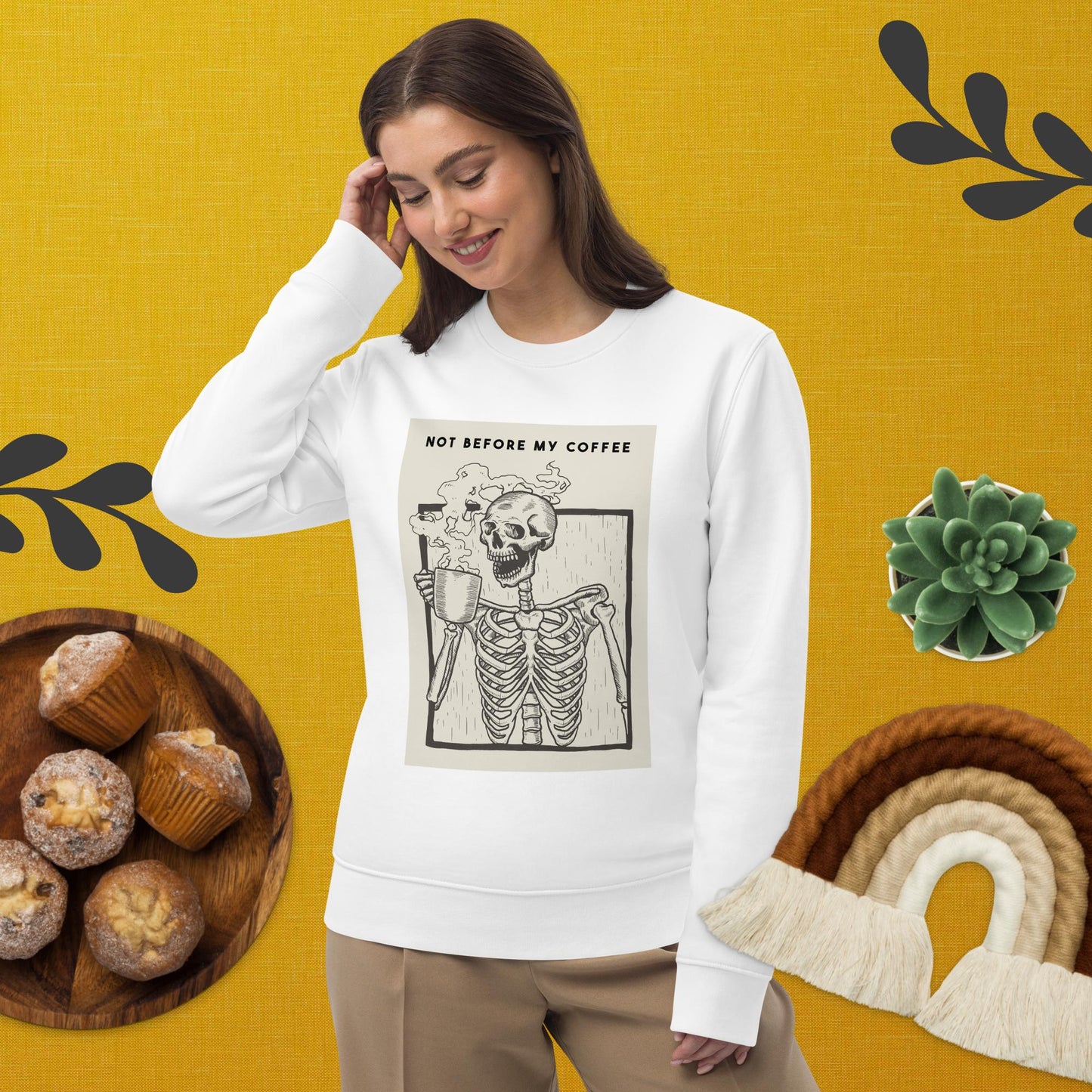 'Coffee First' Organic Sweatshirt styled with book lover energy and cozy coffee moments

