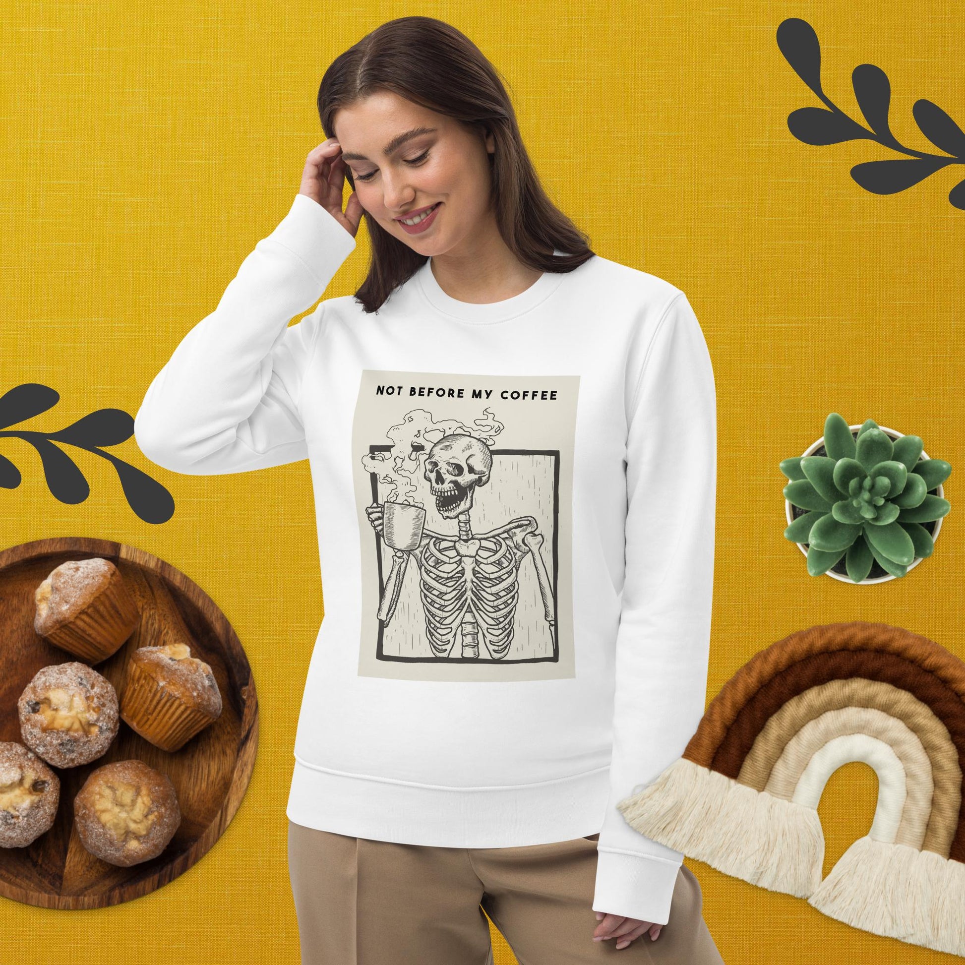 'Coffee First' Organic Sweatshirt styled with book lover energy and cozy coffee moments

