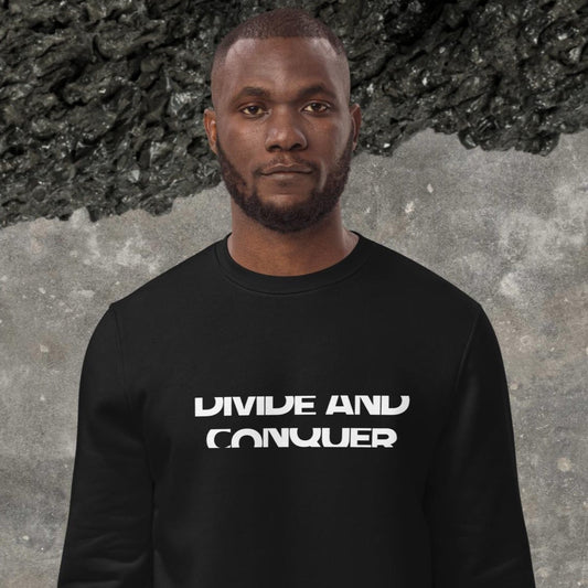 Top mens sweatshirt: 'Divide & Conquer' organic cotton.
