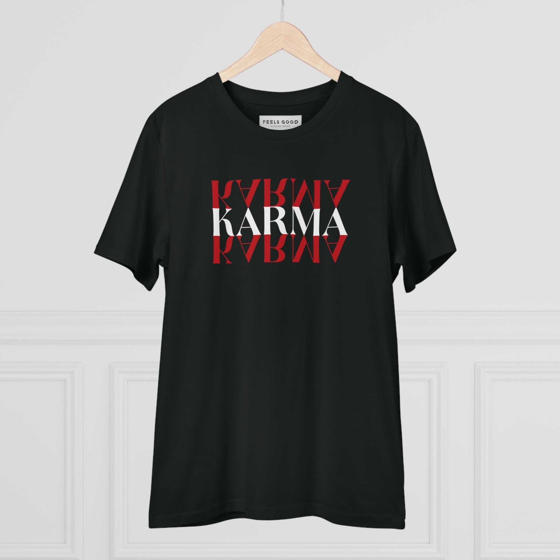 Nostalgic 'Karma Karma Karma' shirt with a pop-inspired visual edge

