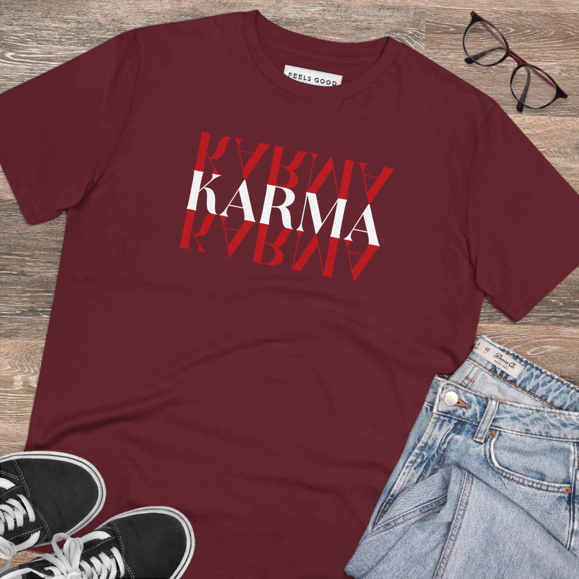 'Karma Karma Karma' T-shirt with old-school cool and mindful design

