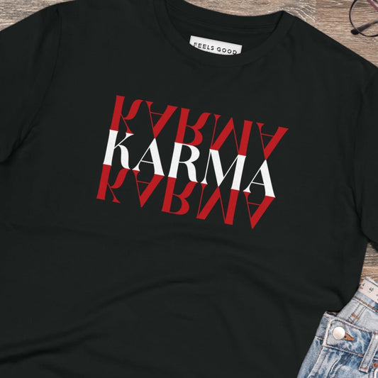 Contemporary 'Karma Karma Karma' tee with retro style and positive vibes

