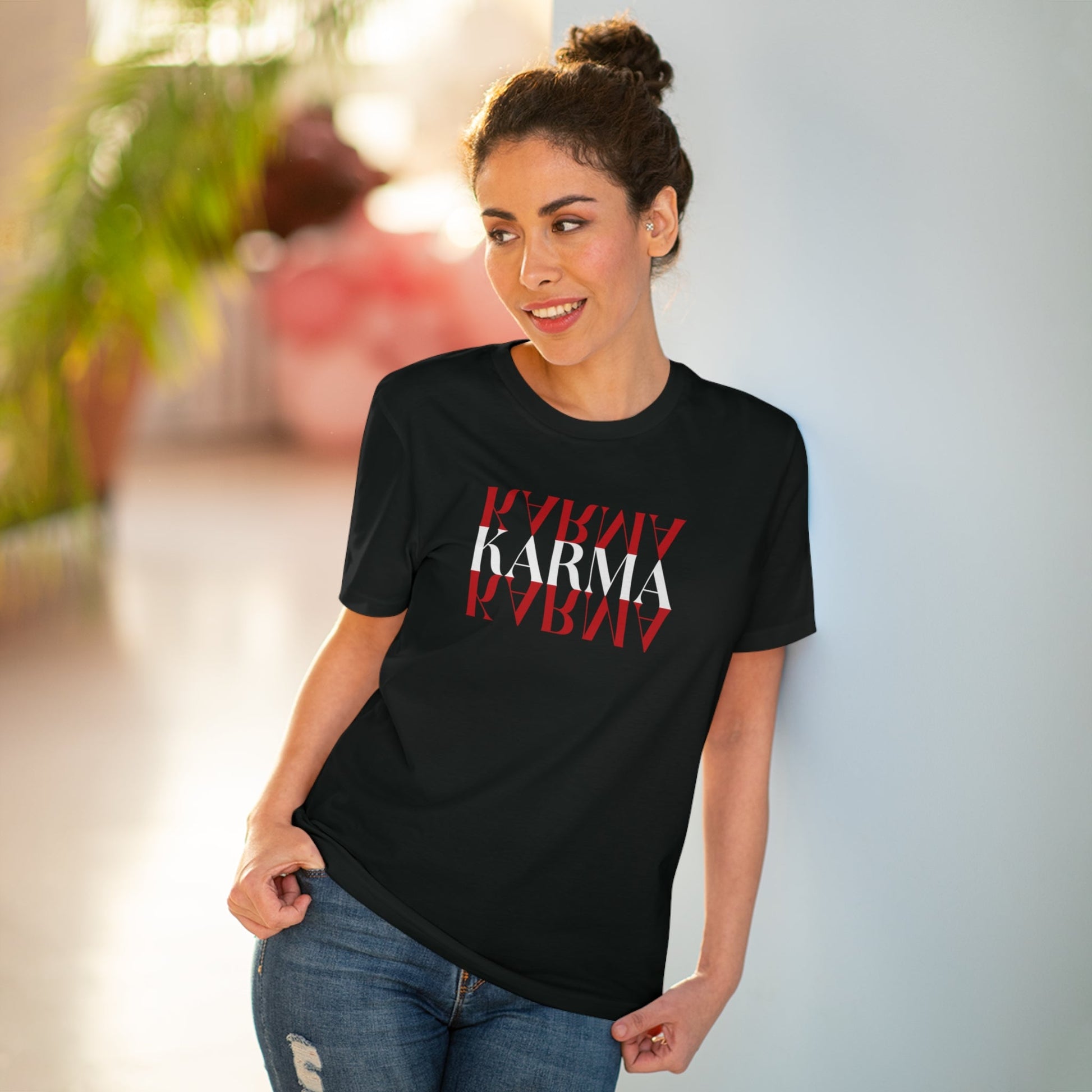 Uplifting 'Karma Karma Karma' cotton t-shirt for feel-good fashion fans

