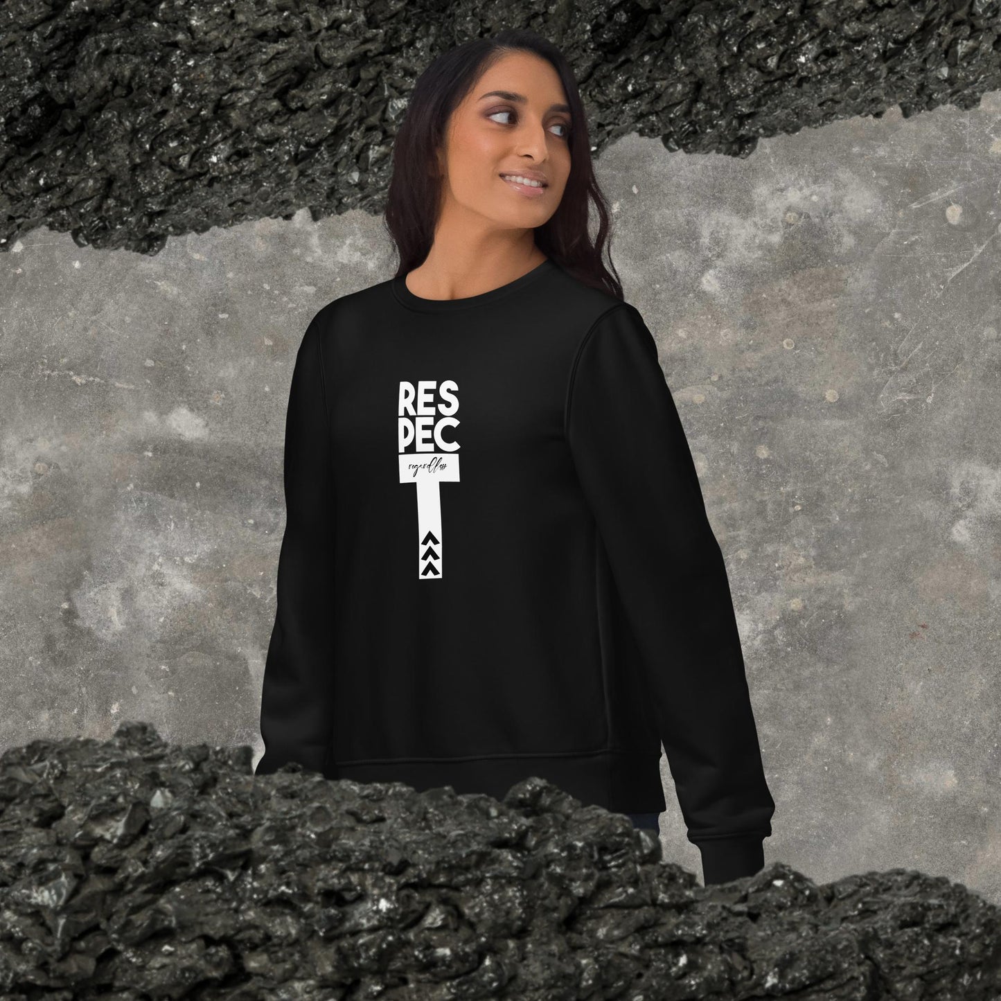 Contemporary 'Respect Regardless' organic cotton sweatshirt—a must-have feminist slogan sweatshirt.