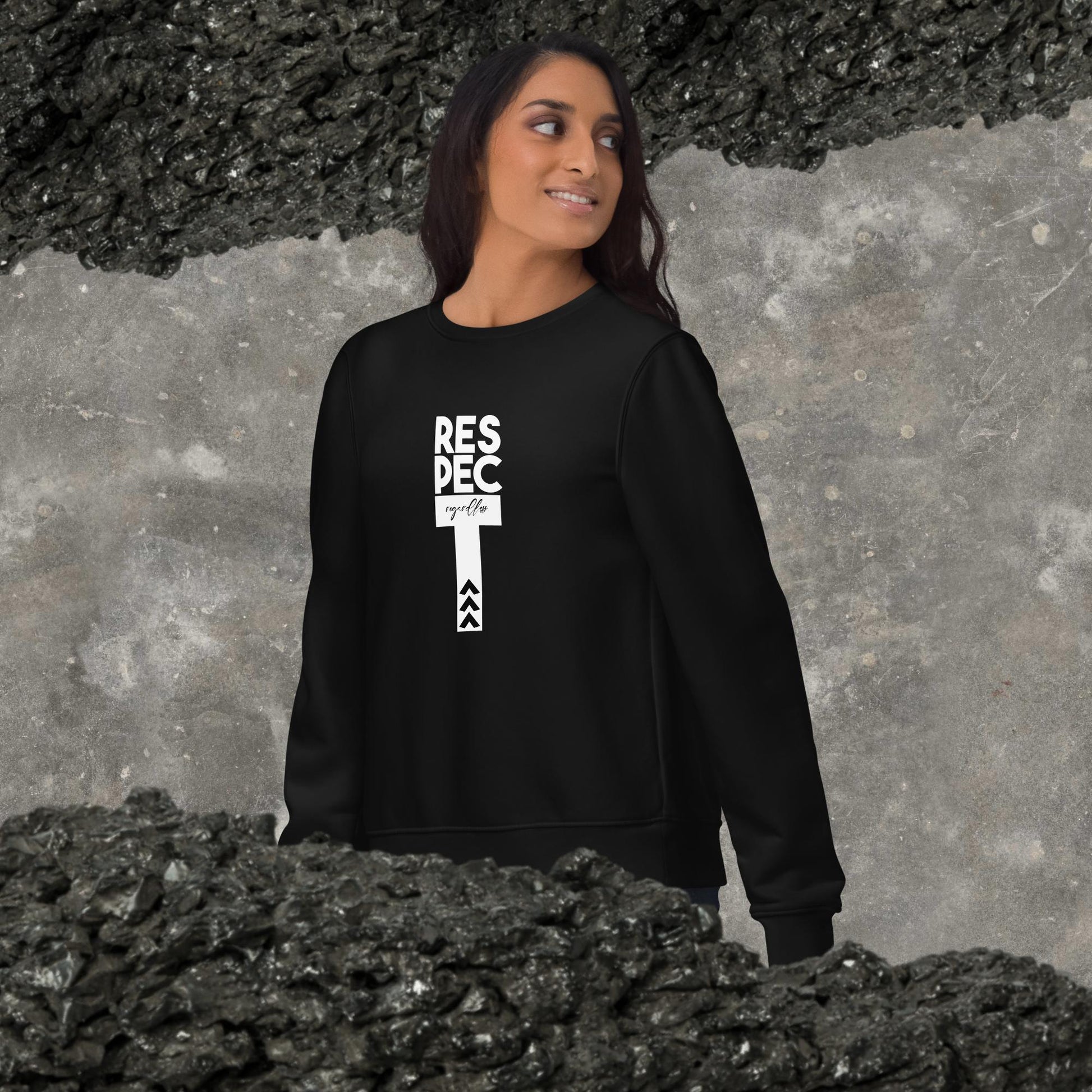 Contemporary 'Respect Regardless' organic cotton sweatshirt—a must-have feminist slogan sweatshirt.