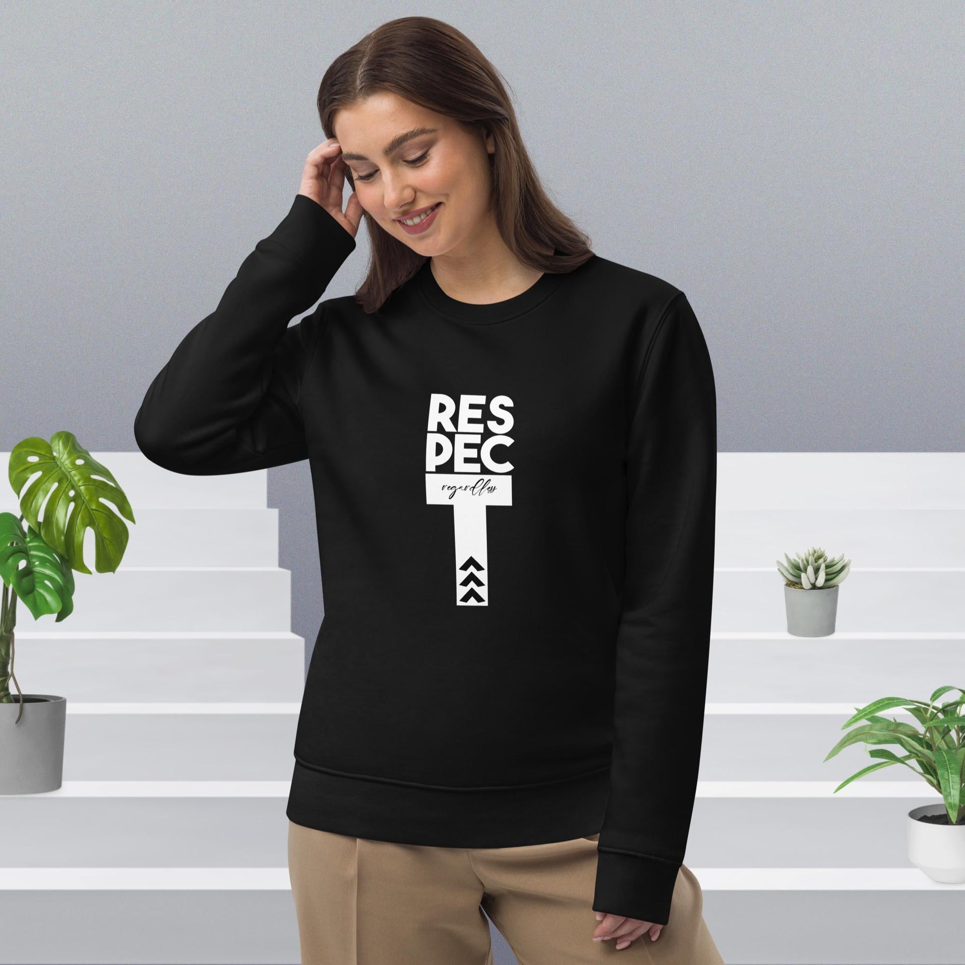 Wear the message with the contemporary 'Respect Regardless' organic cotton sweatshirt—empowerment in style!