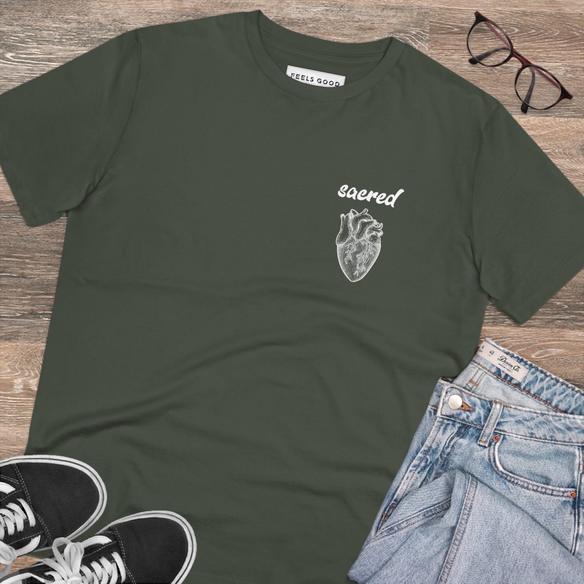 Unisex fun tee featuring Contemporary Sacred Heart print in sustainable cotton.

