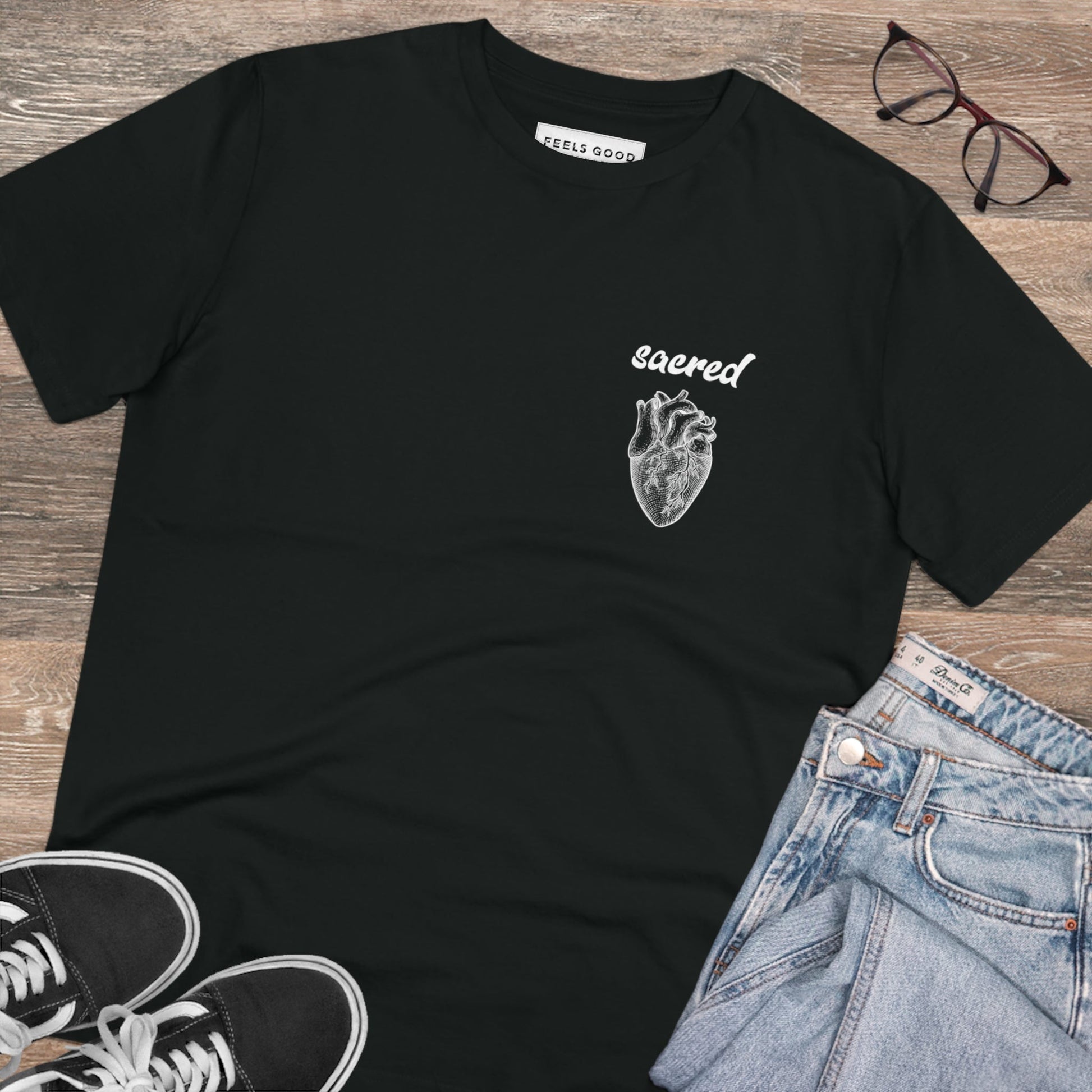 Stylish organic cotton tee with contemporary Sacred Heart artwork.

