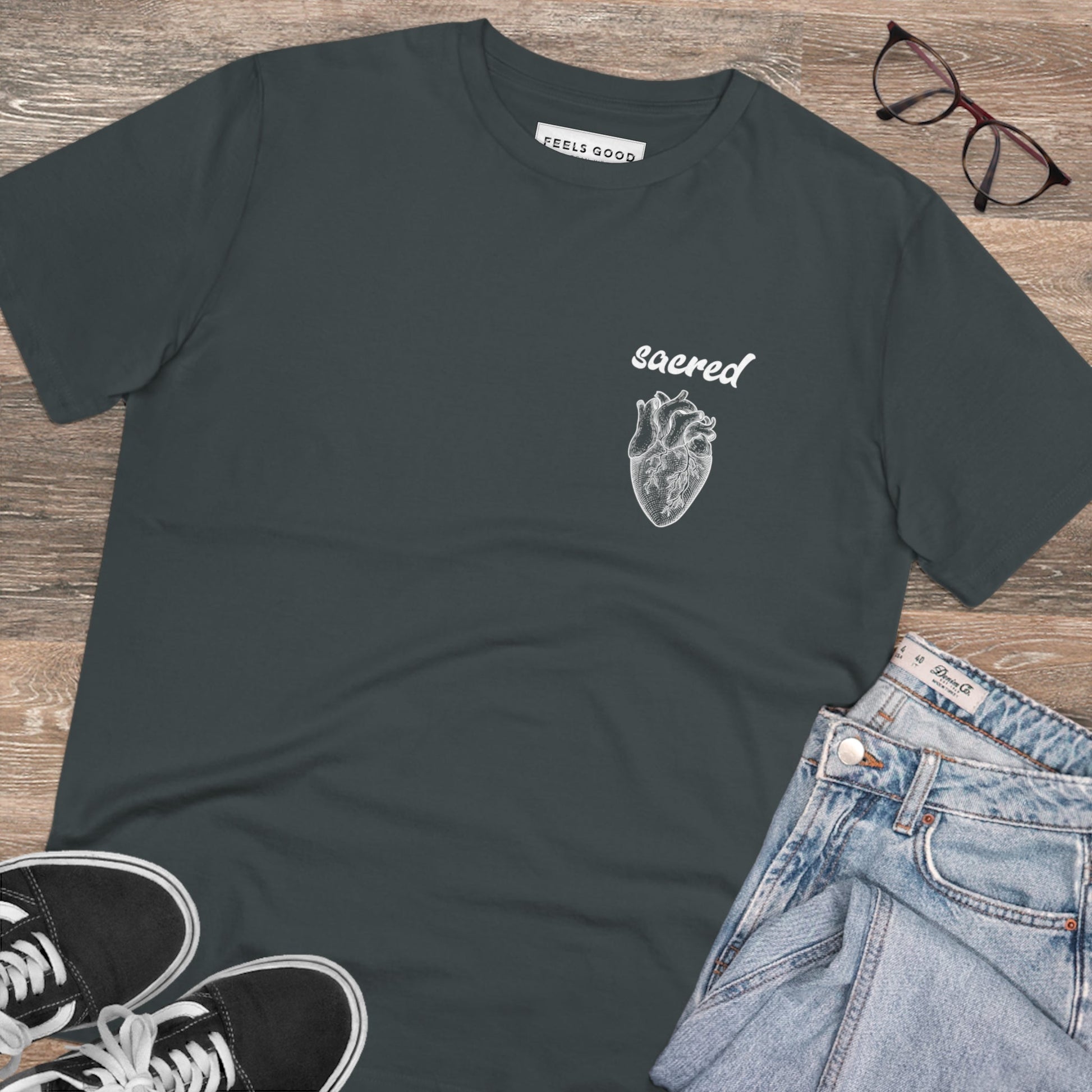 Sacred Heart themed t-shirt with a fresh, fun twist in organic cotton.

