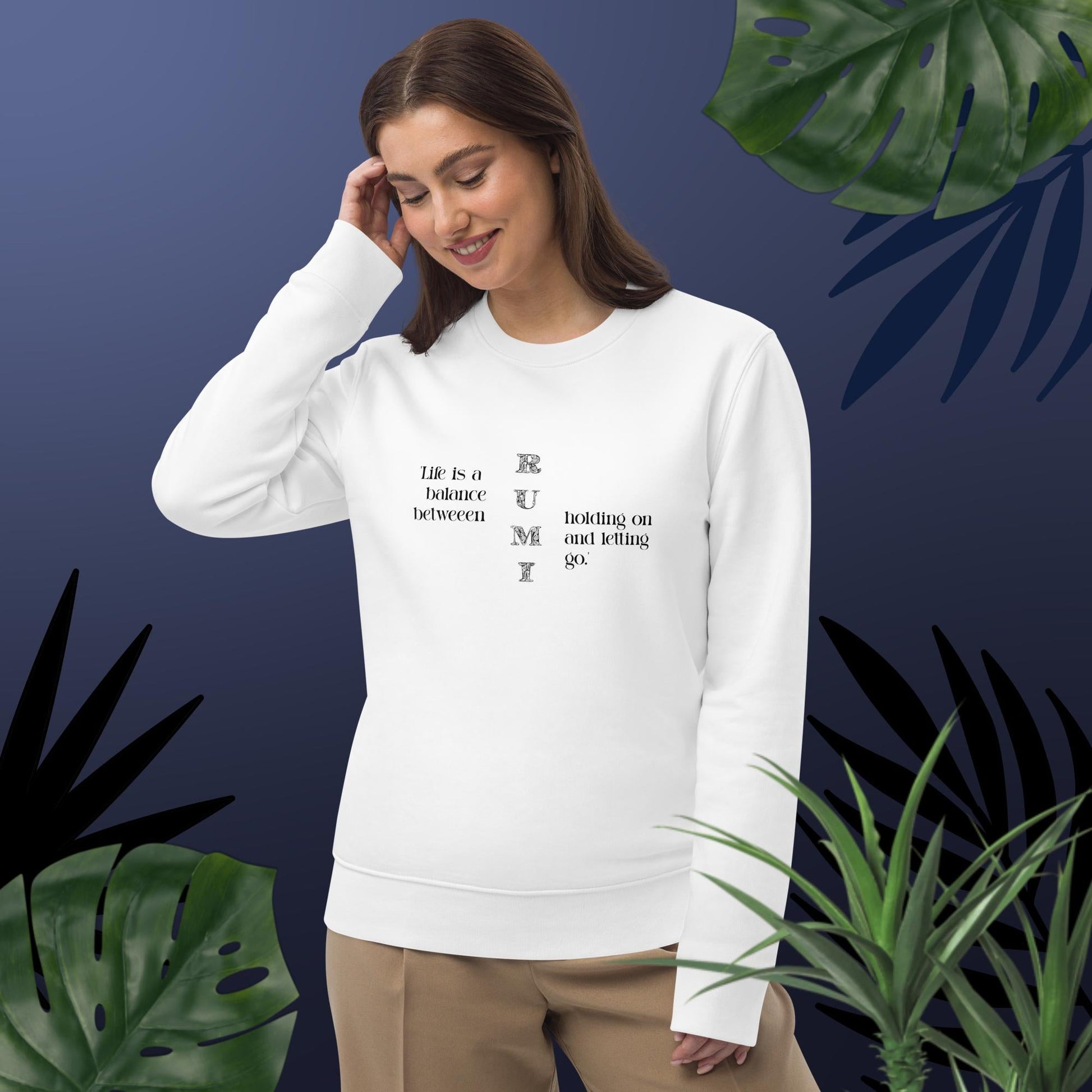 Stay stylish with Famous Quotes 'Balance' Rumi Organic Cotton Sweatshirt, a must-have graphic sweatshirt.