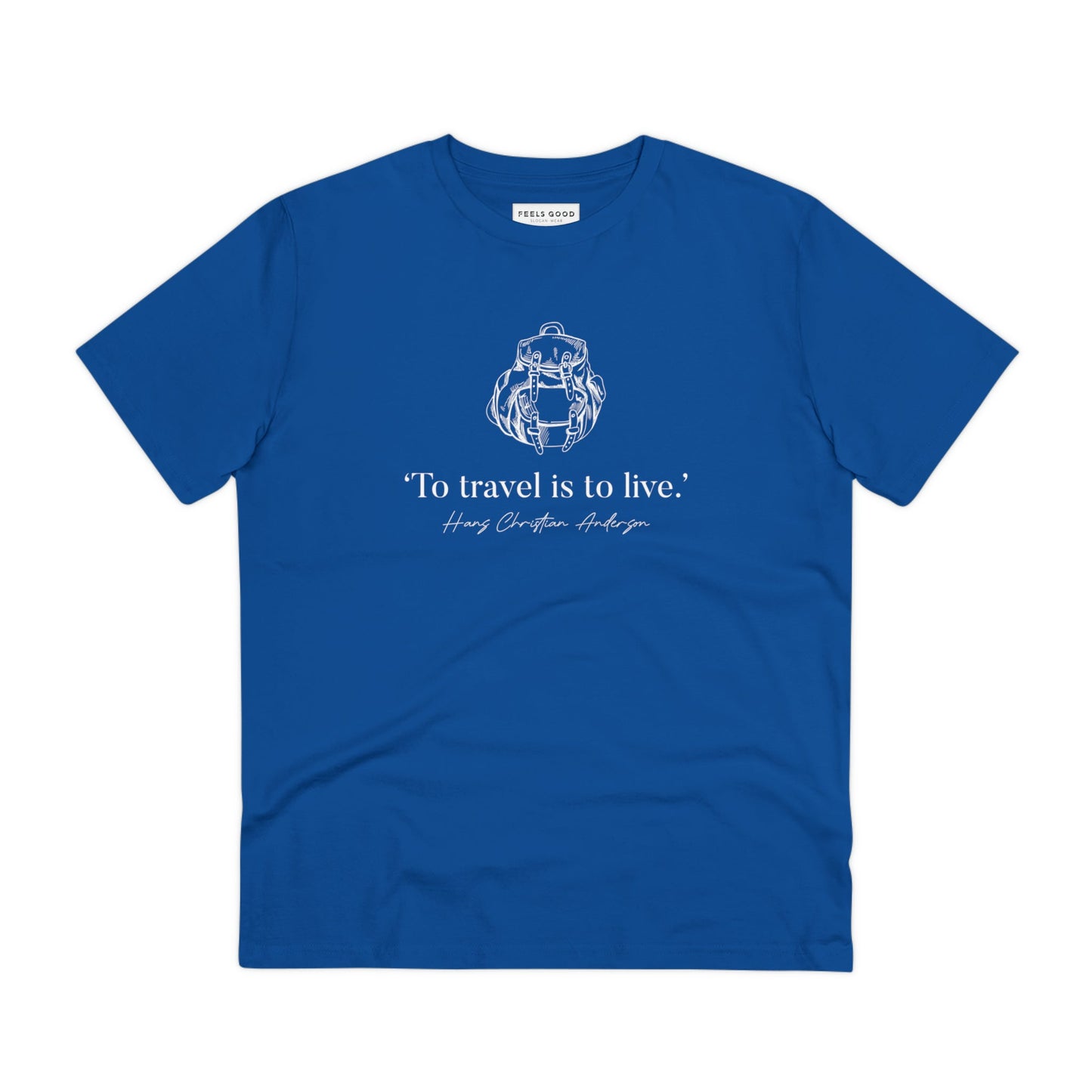 Womens walking t shirts collection features the famous quotes 'Live To Travel' Hans Christian organic cotton t-shirt.