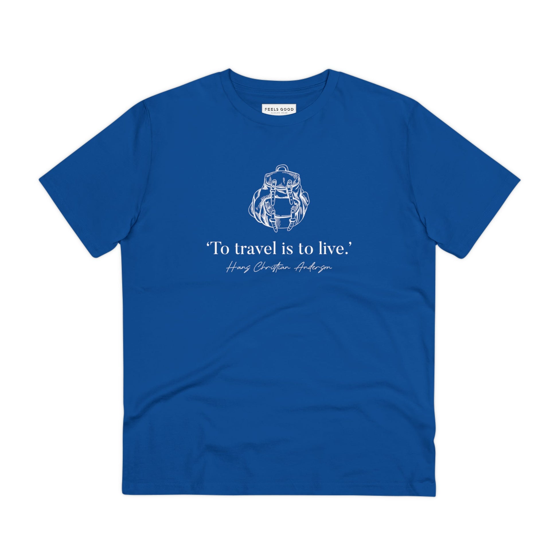 Womens walking t shirts collection features the famous quotes 'Live To Travel' Hans Christian organic cotton t-shirt.