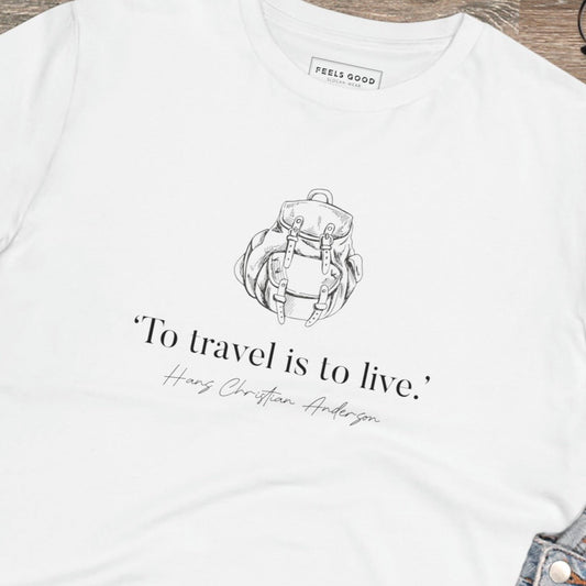 Show off your love for travel slogans with the famous quotes 'Live To Travel' Hans Christian organic cotton t-shirt.