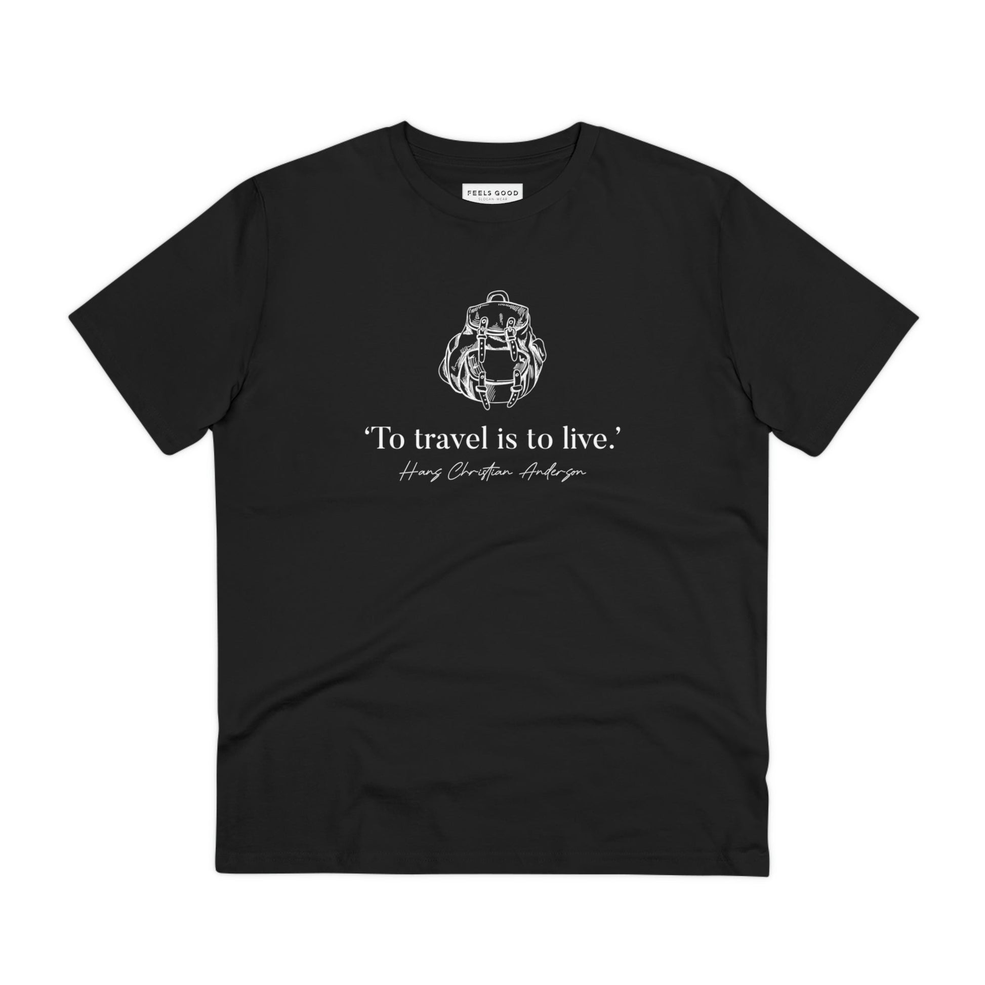 The famous quotes 'Live To Travel' Hans Christian organic cotton t-shirt is a stylish t shirt nature lovers enjoy.