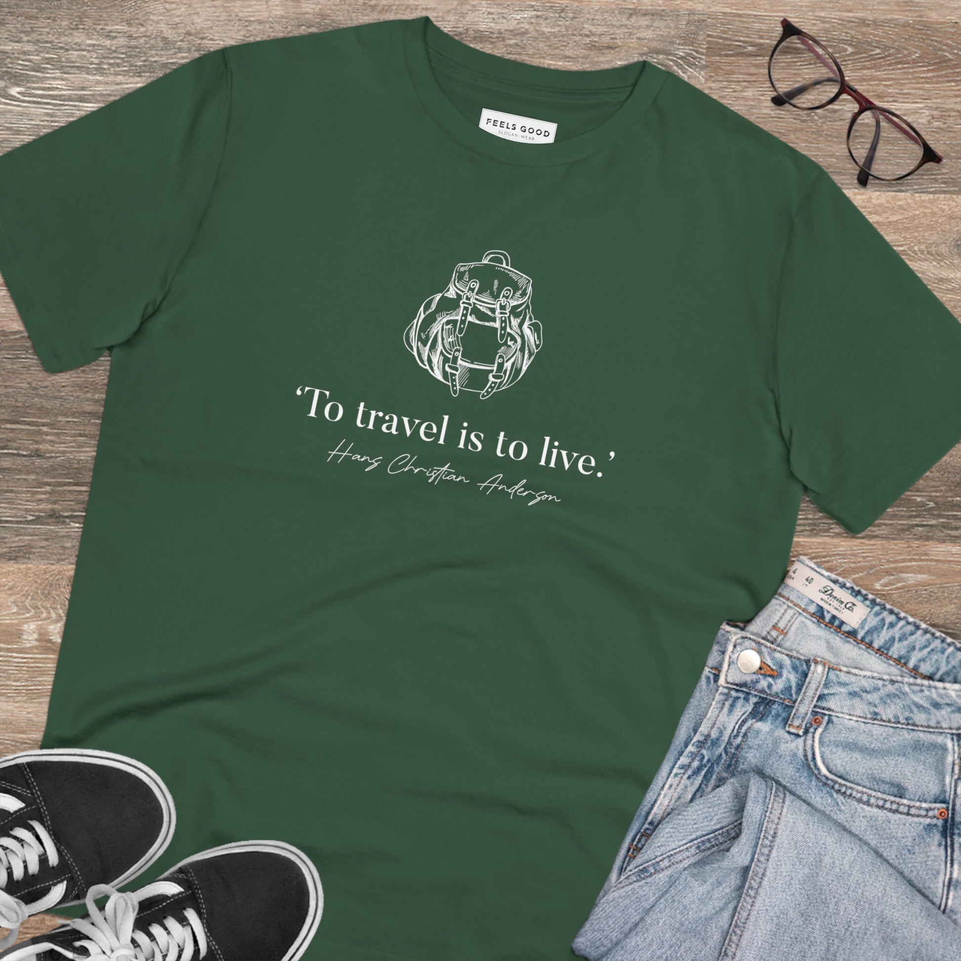 Wear the famous quotes 'Live To Travel' Hans Christian organic cotton t-shirt for your next adventure.
