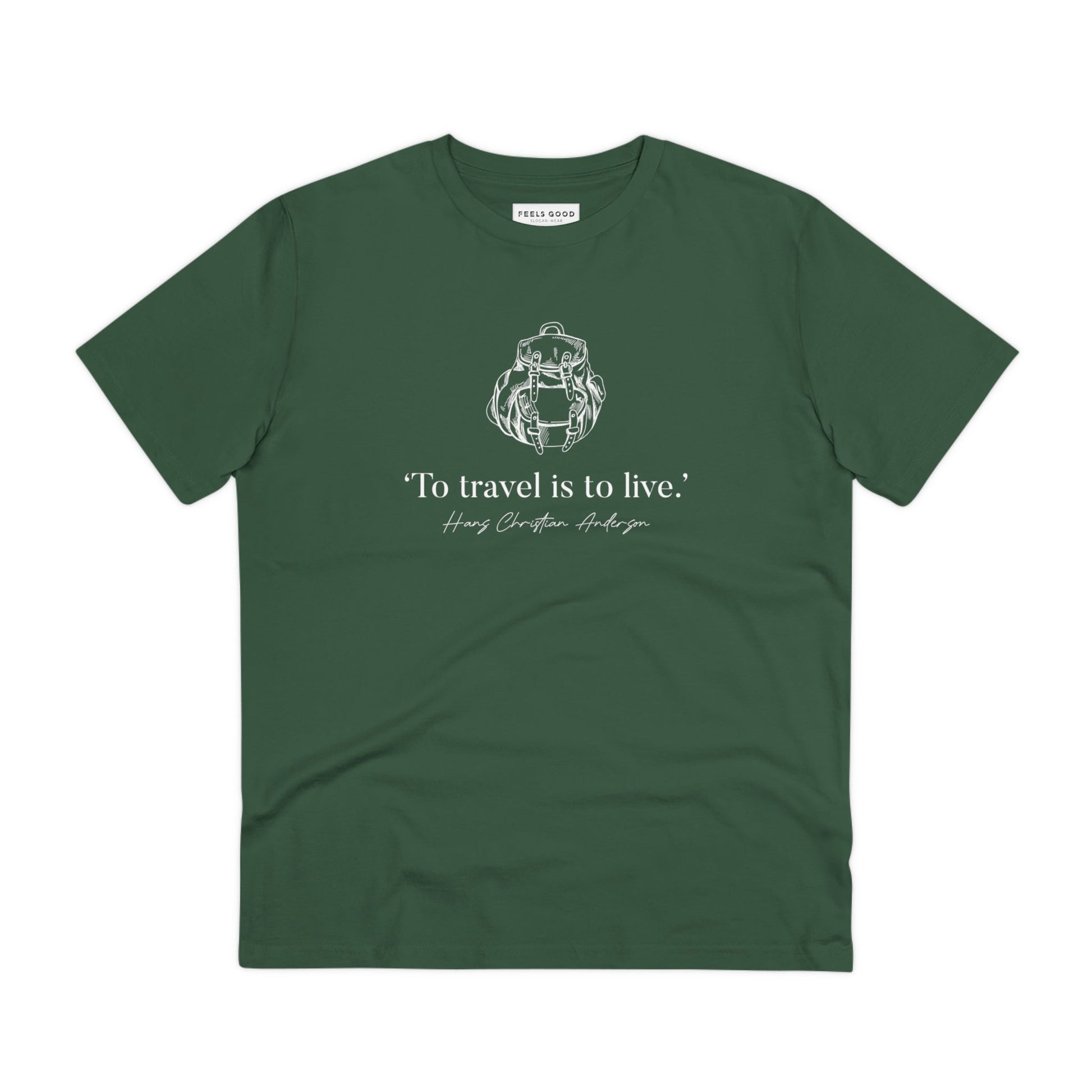 Travel t shirts for women include the famous quotes 'Live To Travel' Hans Christian organic cotton t-shirt.