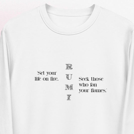 Famous Quotes 'On Fire' Rumi Organic Cotton Sweatshirt: Stylish graphic sweatshirts.

